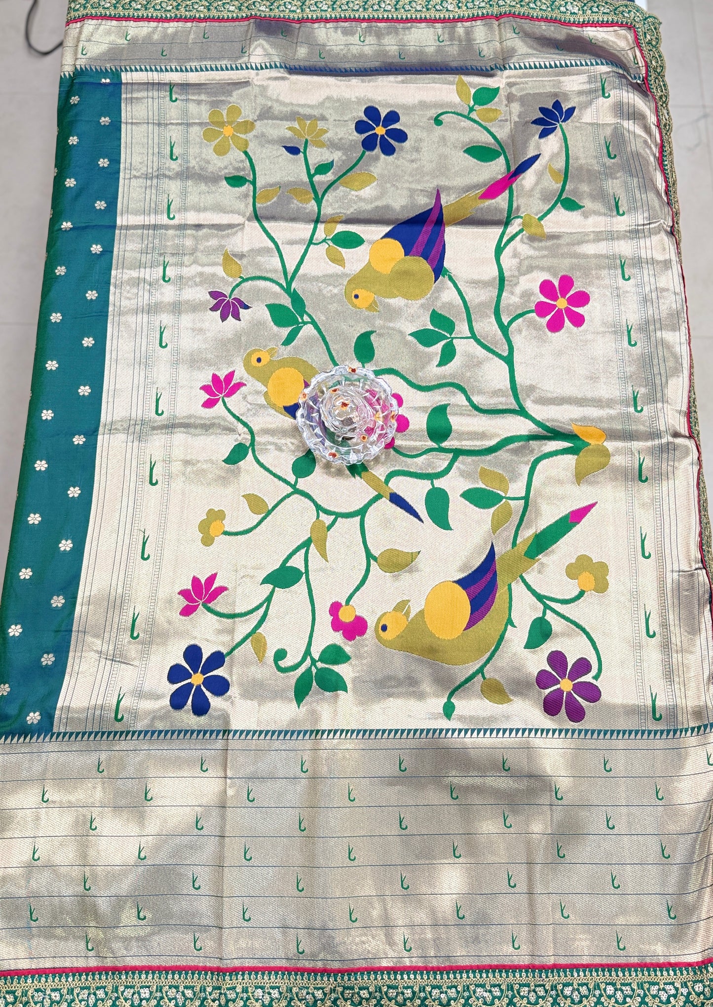 Paithani Lace Border Saree with Parrot Motifs and Contrast Blouse