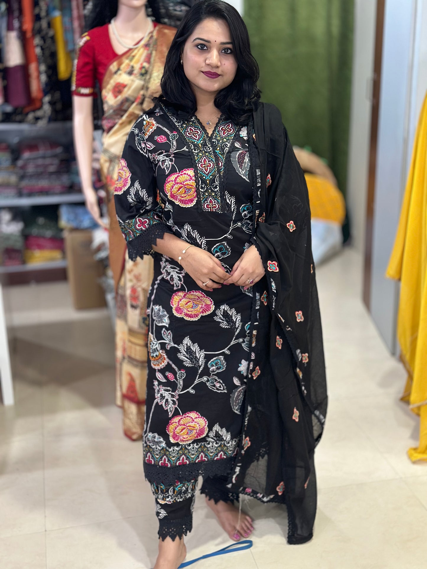 Stunning Pakistani-Style Floral Cotton Suit with Sequins and Beadwork