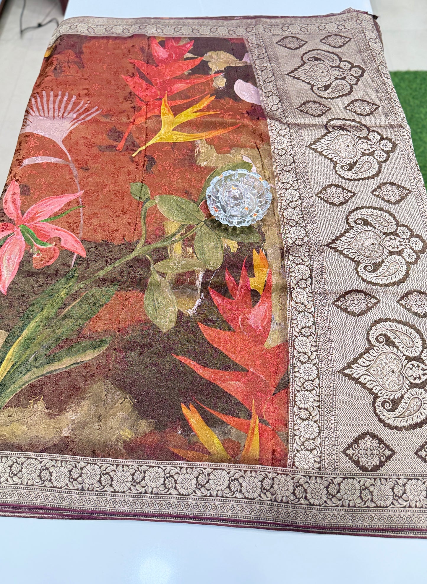 Tissue Zari Silk Saree with Digital Print and Woven Border – Premium Festive and Wedding Saree for Women