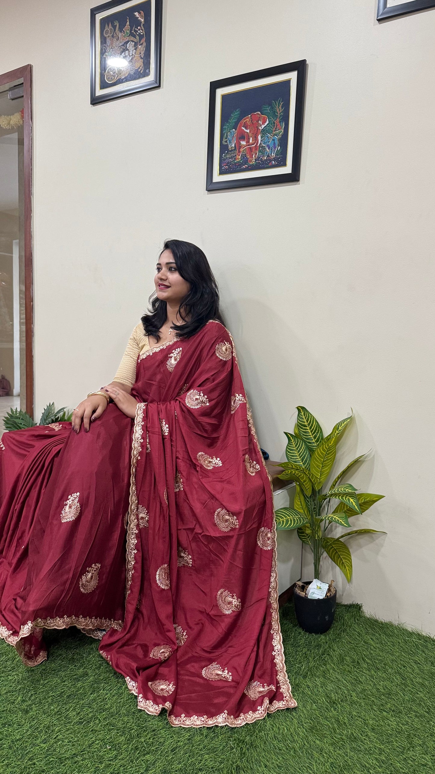 Embroidered Chinnon Fancy Saree