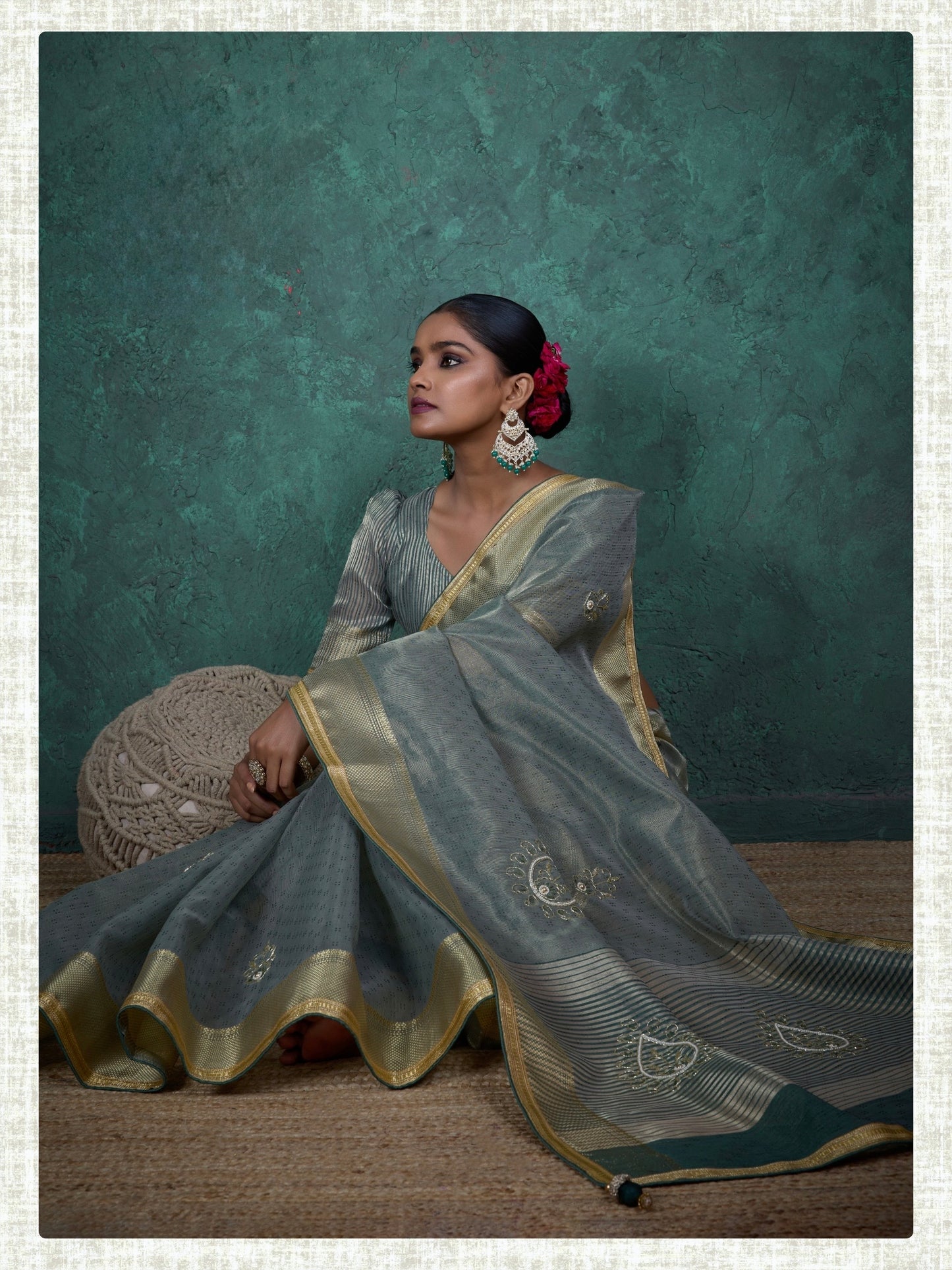 linen tissue saree with handwork motifs, lace detailing, and designer blouse – lightweight ethnic wear for women