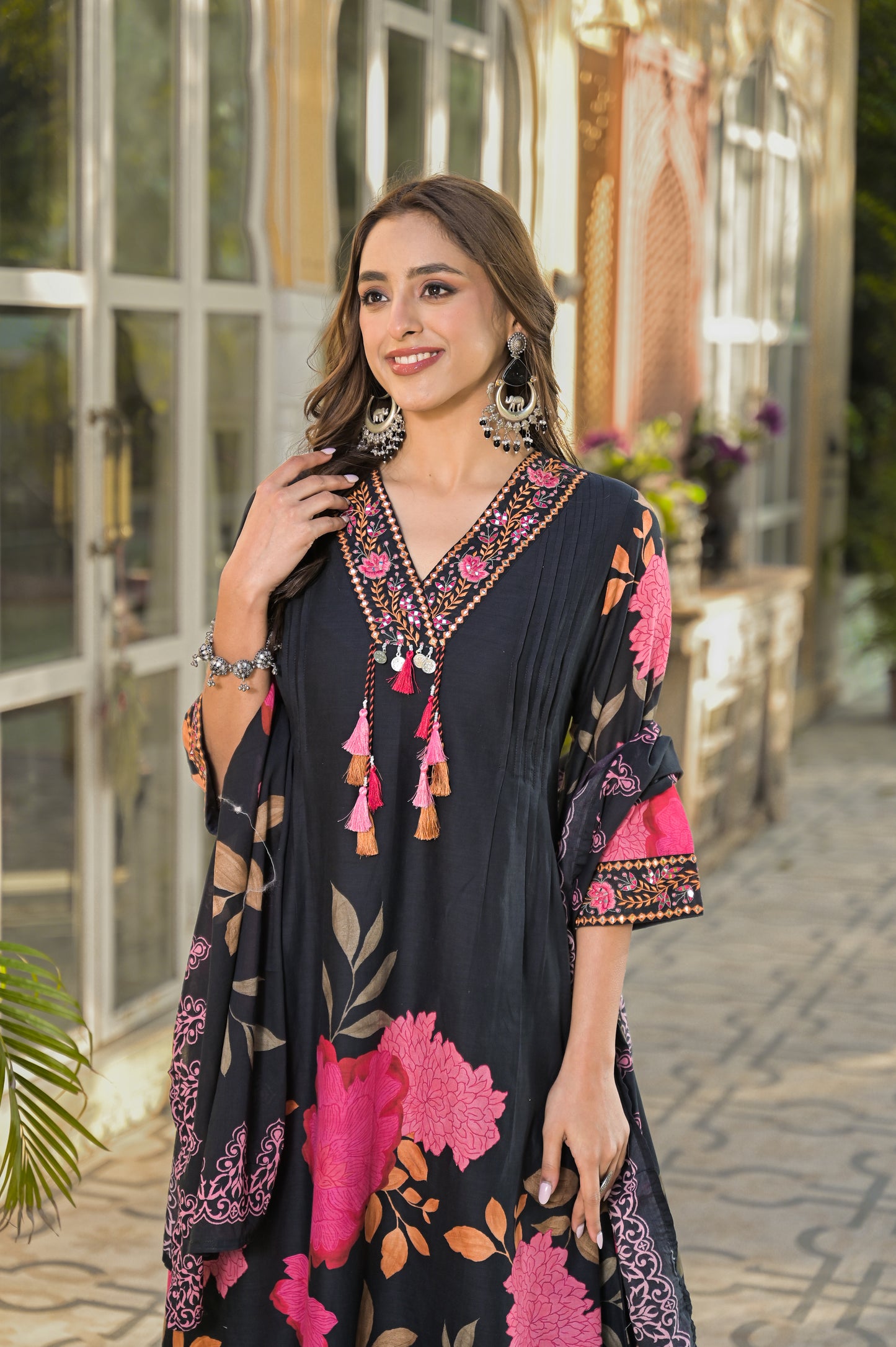 Floral Cotton Kurta Pant Dupatta Set with Pintuck Design Thread and Sequence Work for Women