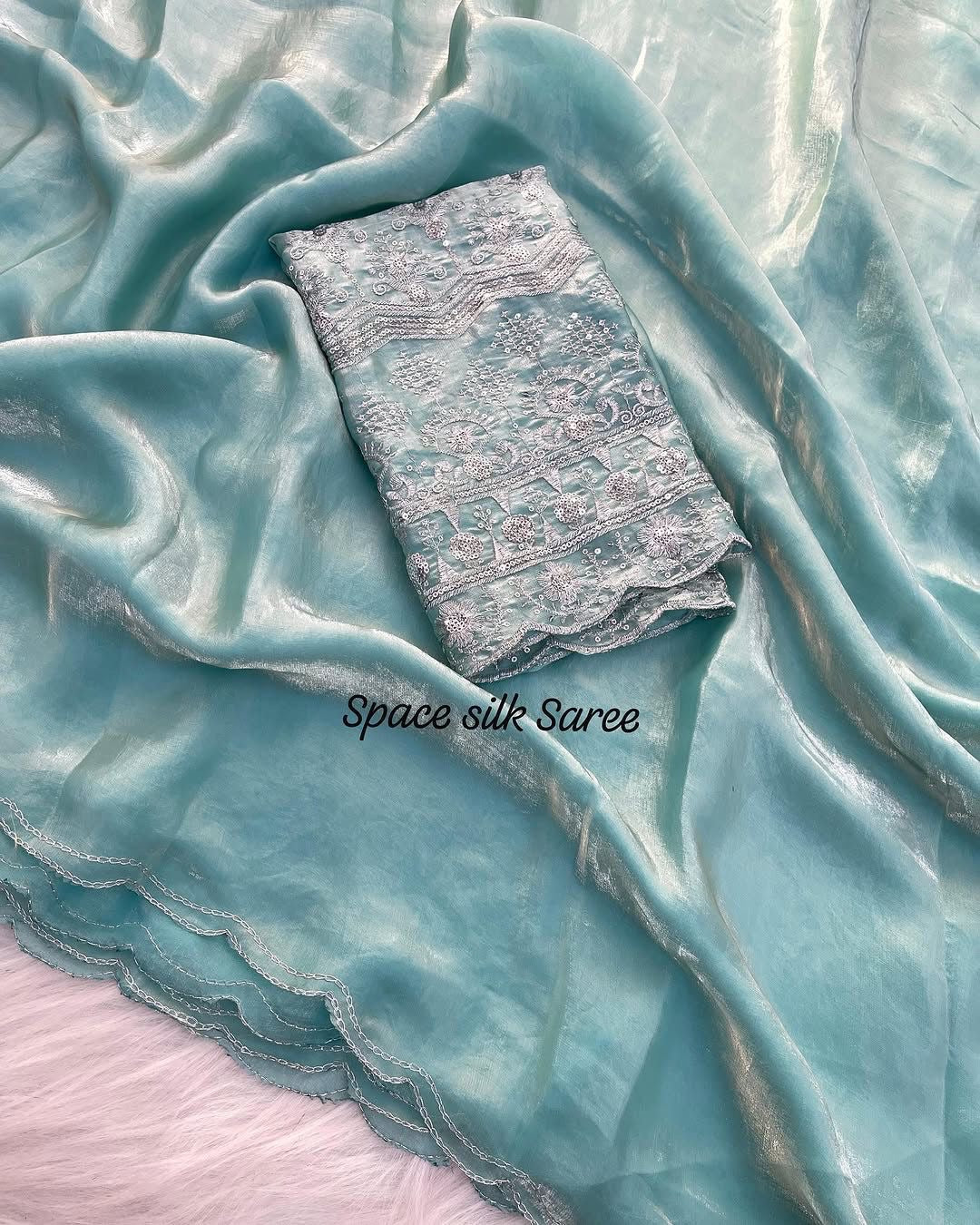 Space Silk Saree with Arco Cut Work and Embroidered Blouse – Elegant Party and Festive Wear Saree for Women