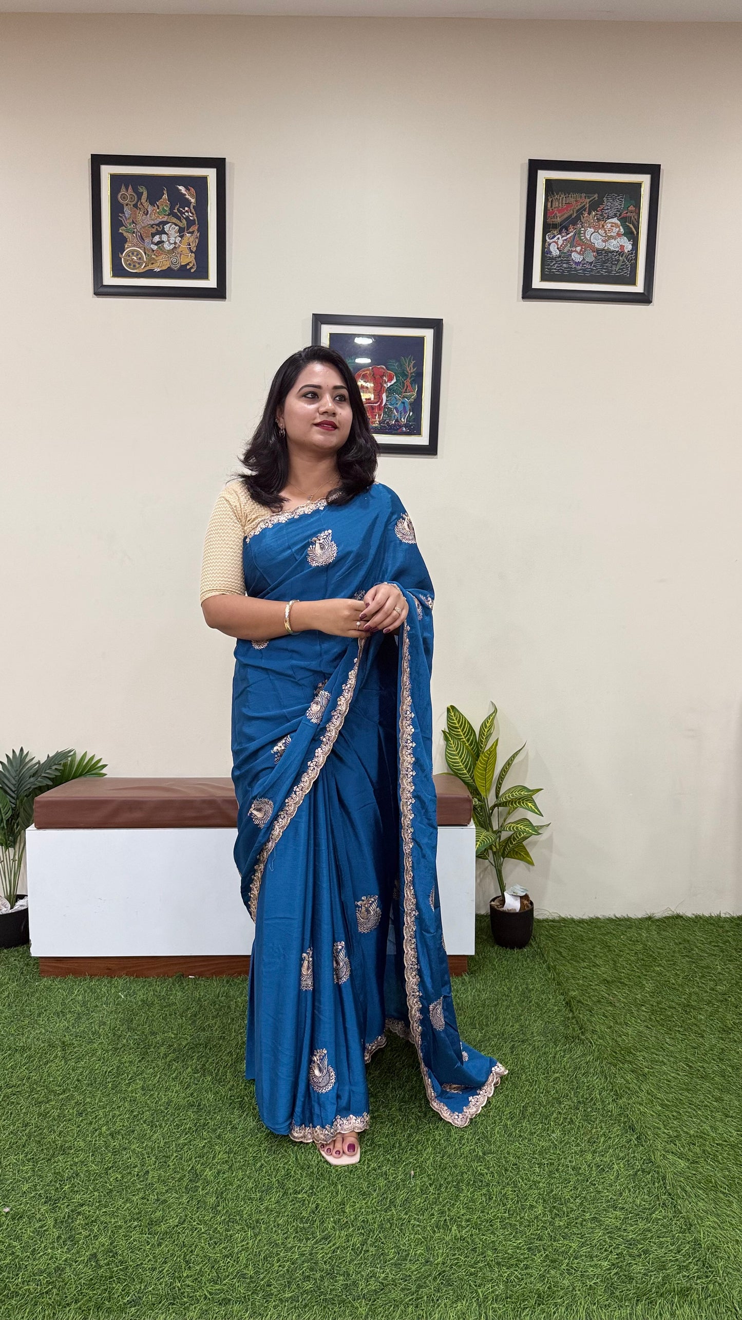 Embroidered Chinnon Fancy Saree