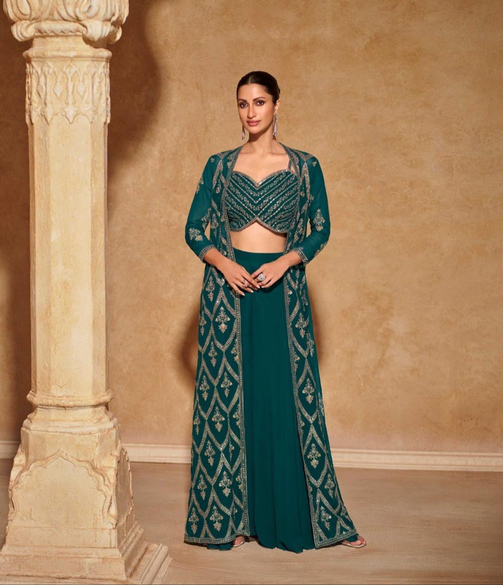Real Georgette 3-Piece Embroidered Ethnic Set with Front and Back Detailing – Free Size Stitched for Women