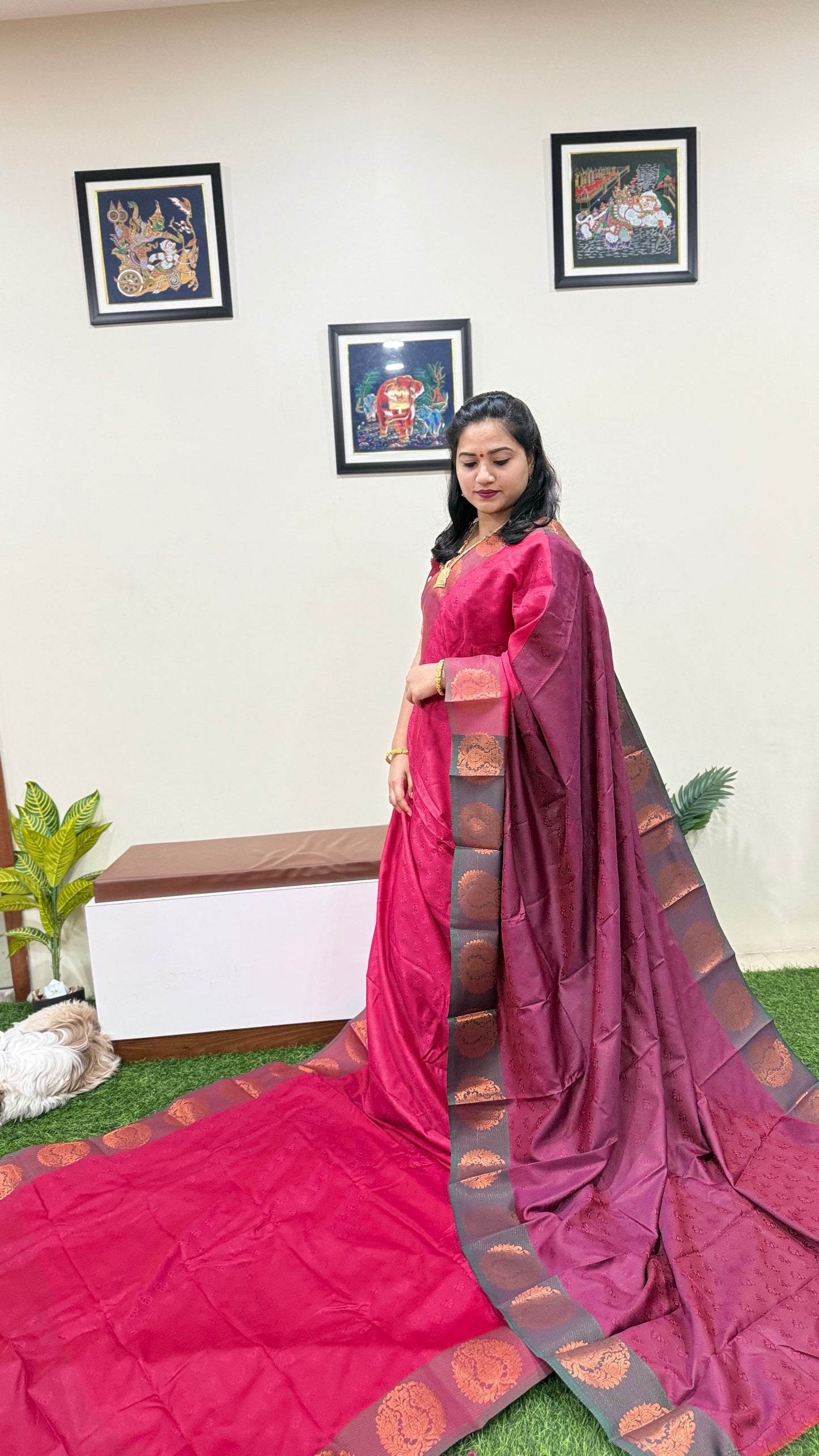3D Emboss Art Silk Contrast Chit Pallu