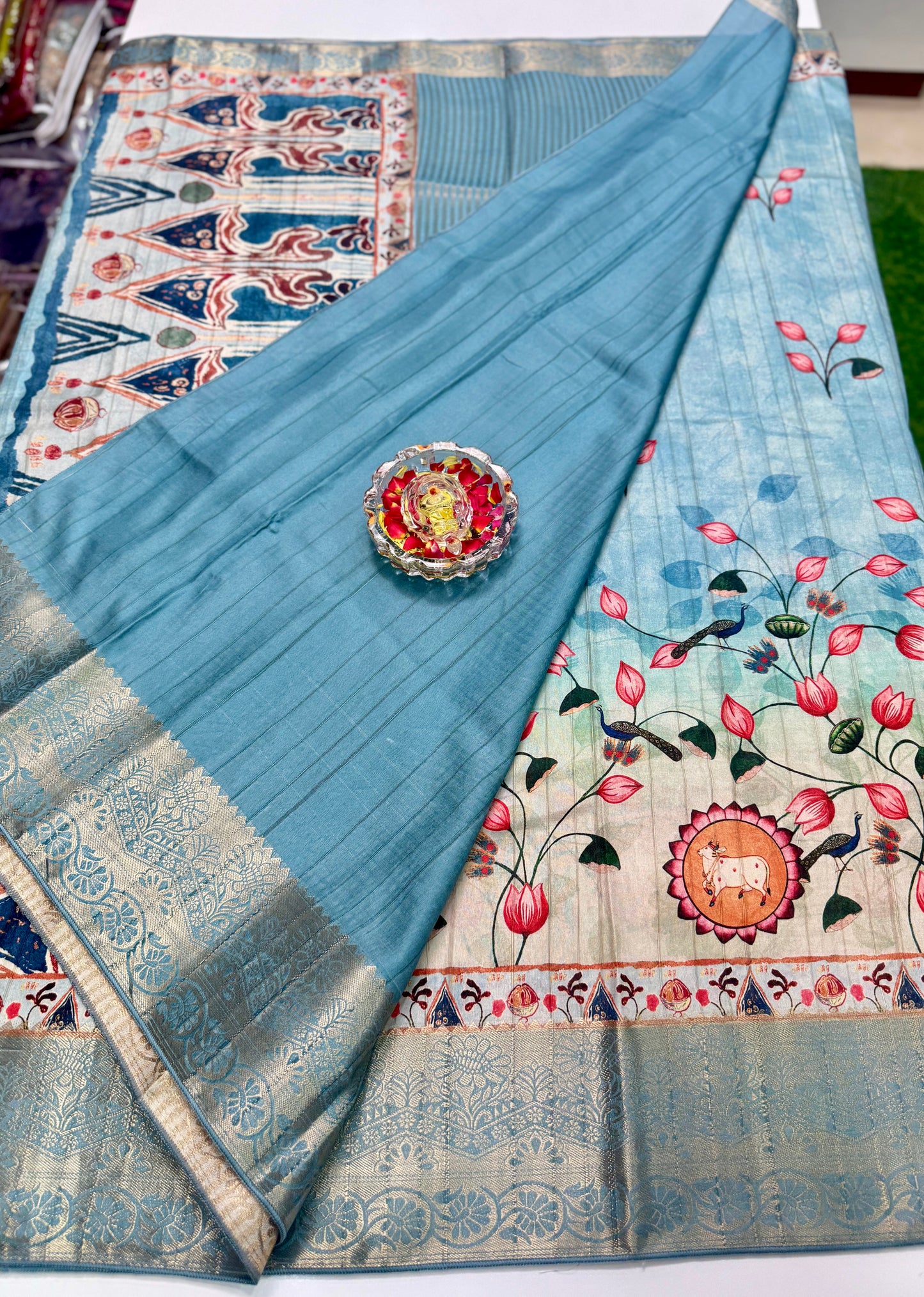 Boyanapalli-Style Silk Blend Saree with Jacquard Border and Chit Pallu – Printed Festive Saree for Women