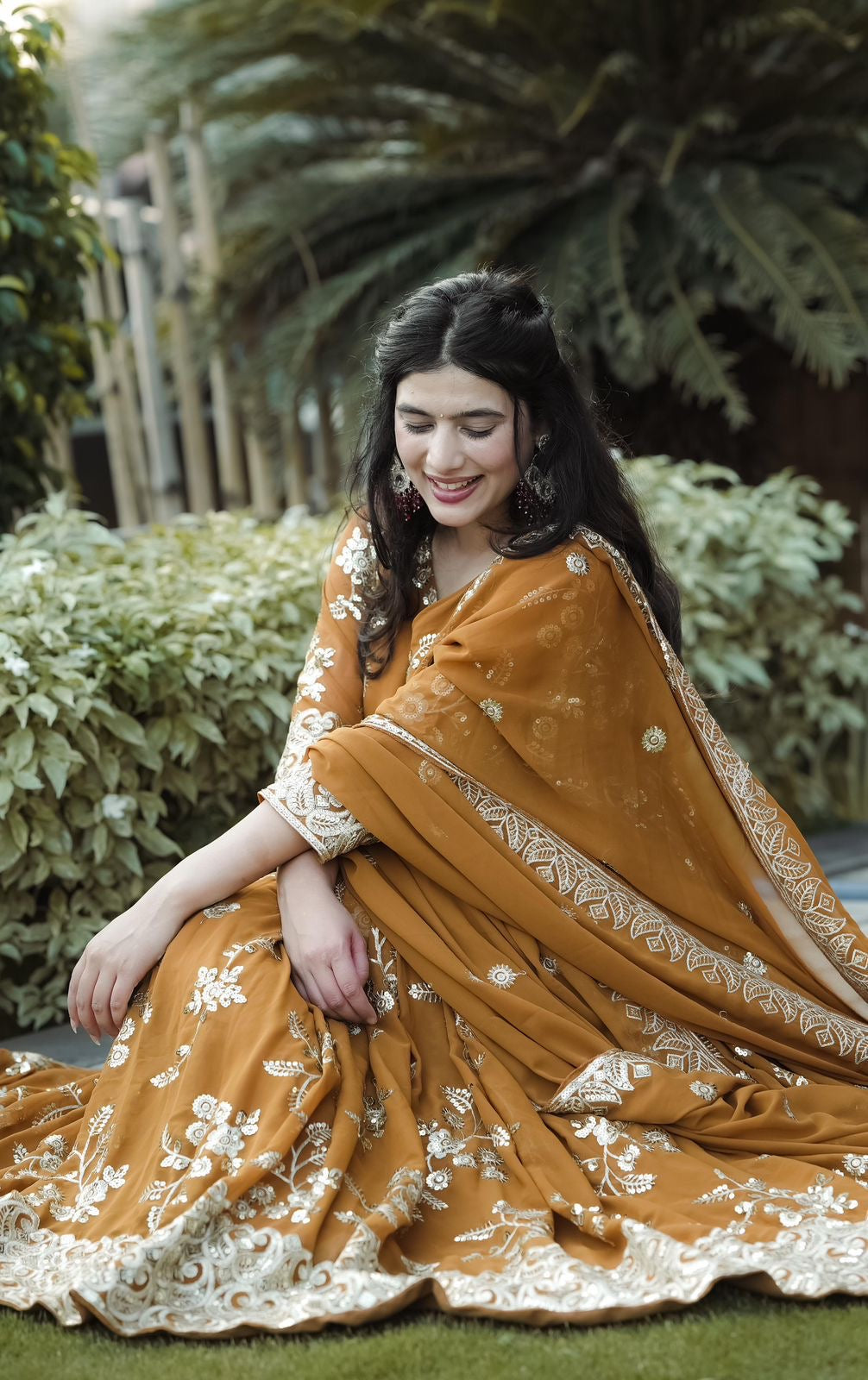 Faux Georgette Anarkali Suit with Sequins Embroidery, Cotton Pants and Dupatta for Women