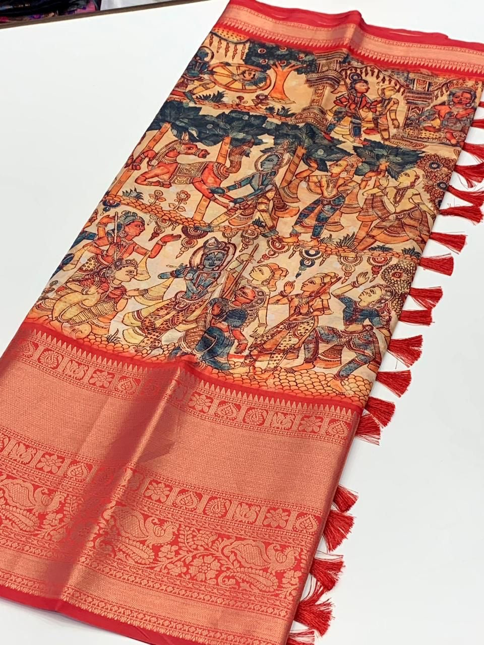 Pratibha Soft Banarasi Silk Kalamkari Block Print Designer Party Wear Saree