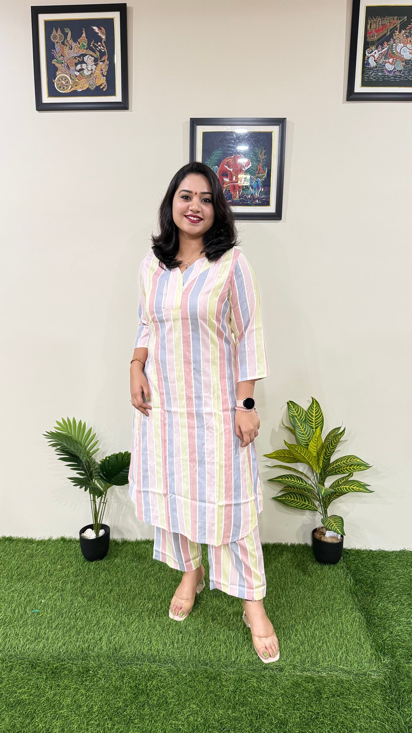 Women's Handloom Striped Coord Set in Soft Cotton – Regular Fit Casual Wear Set (Sizes 36–44)