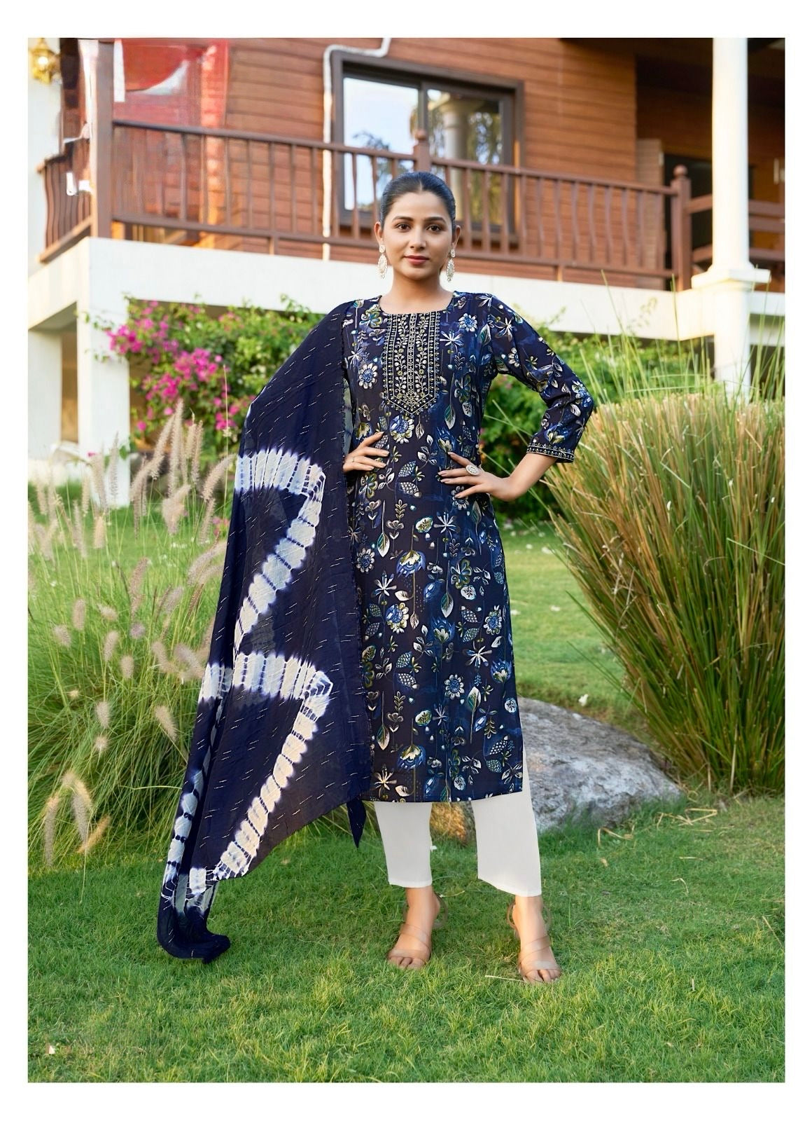 Roman Silk Modal Straight Suit Set with Foil Print, Embroidery and Chanderi Dupatta for Women