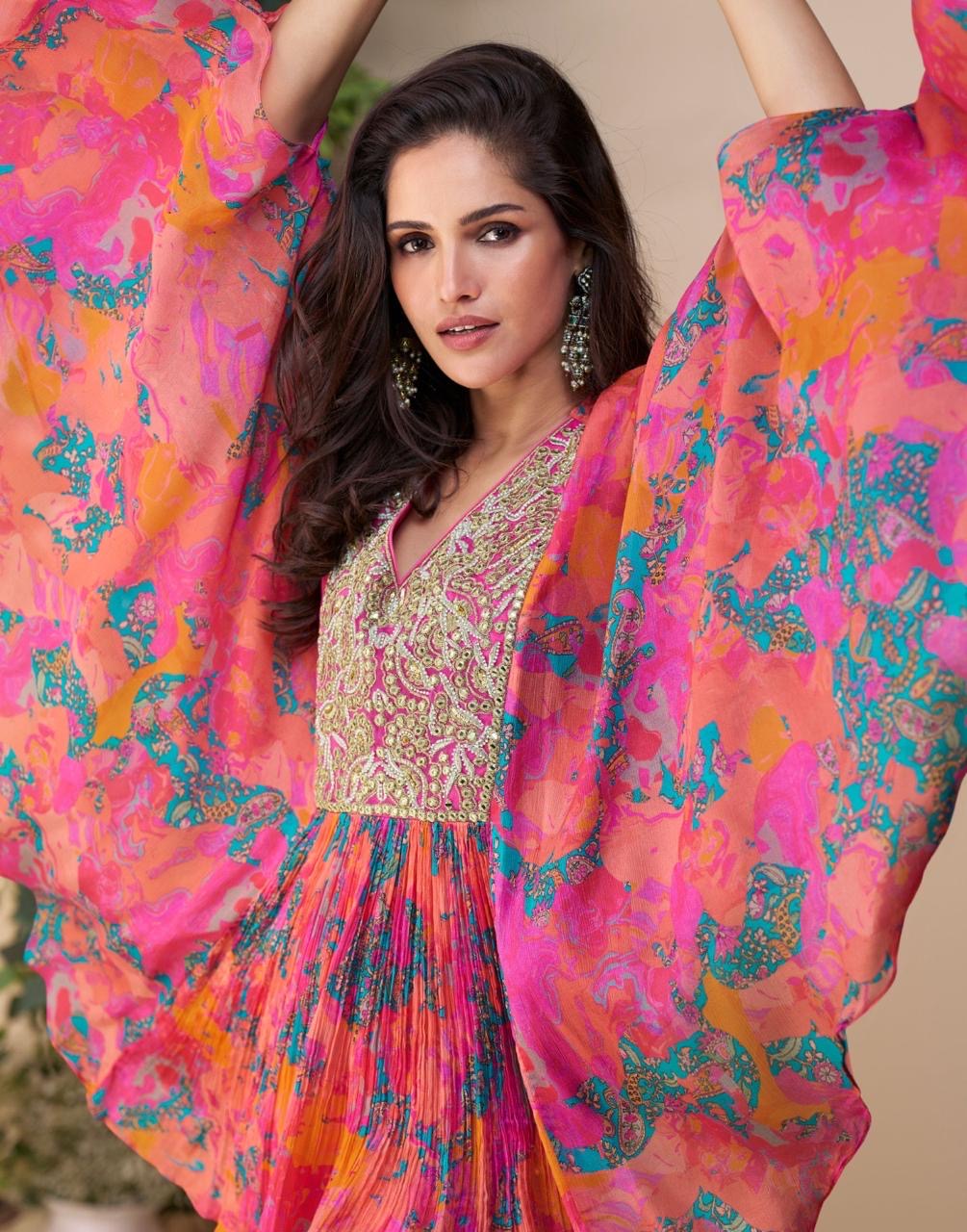 Premium Real Chinon Silk Poncho Style Embroidered Top with Palazzo – Free Size Stitched