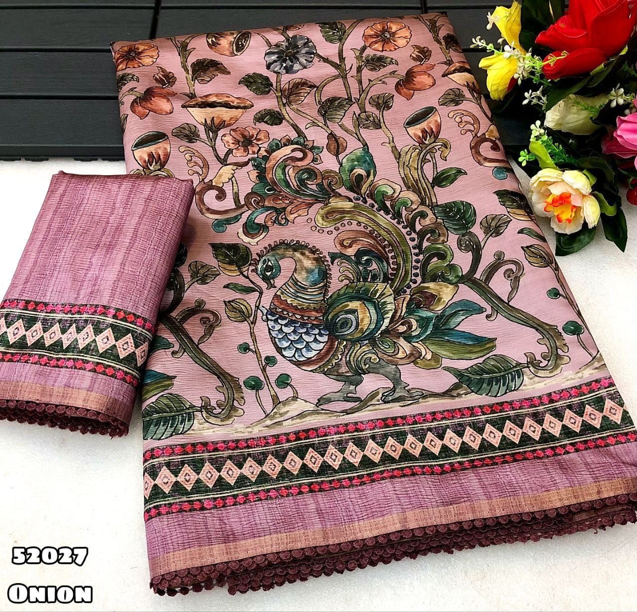 New Arrival: Tussar Silk Floral Kalamkari Digital Print Crush Saree
