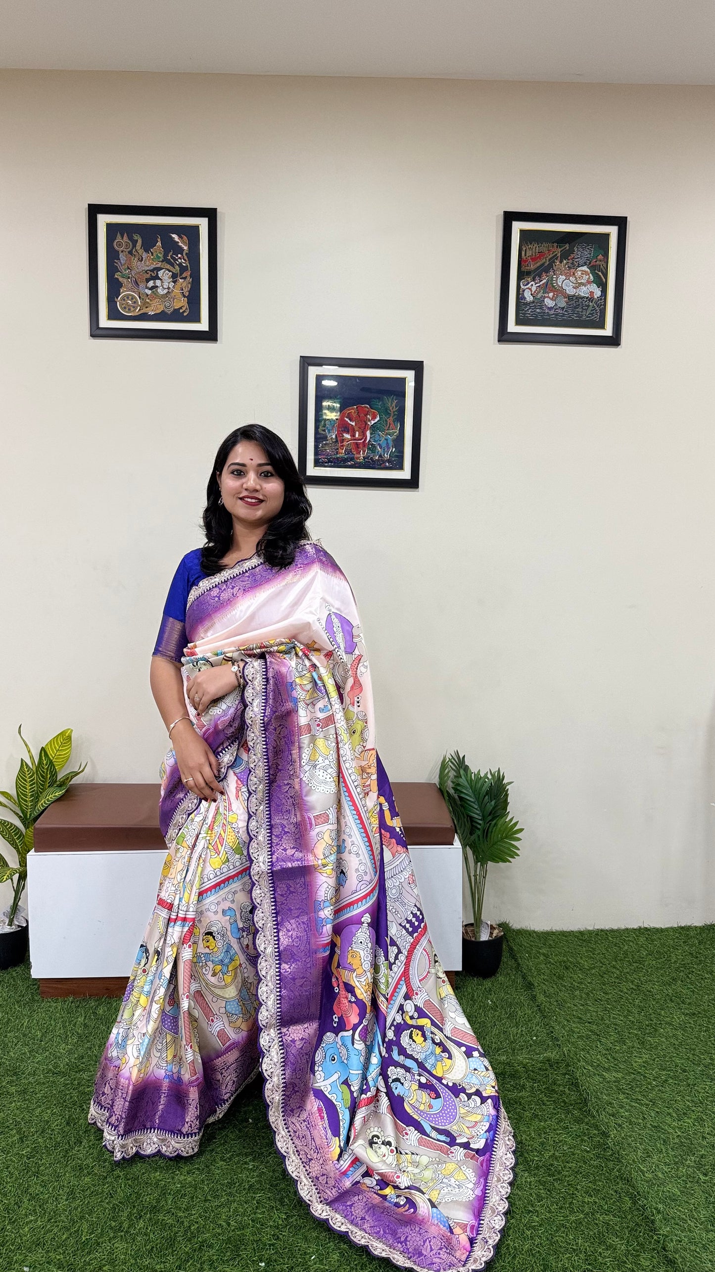 Dola Lichi Soft Silk Saree with Jacquard Jari Weaving, Pichwai Kalamkari Print and Sequins Lace Border