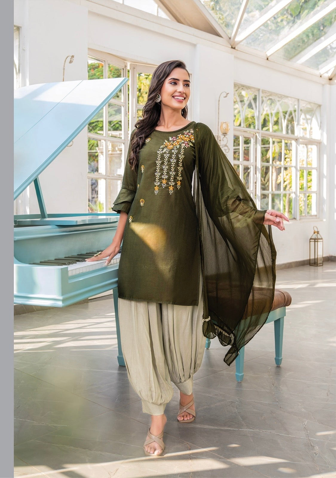 Bamber Silk Kurti Afghani Pant Dupatta Set with Embroidery and Chinon Chiffon Dupatta – Sizes L to 3XL