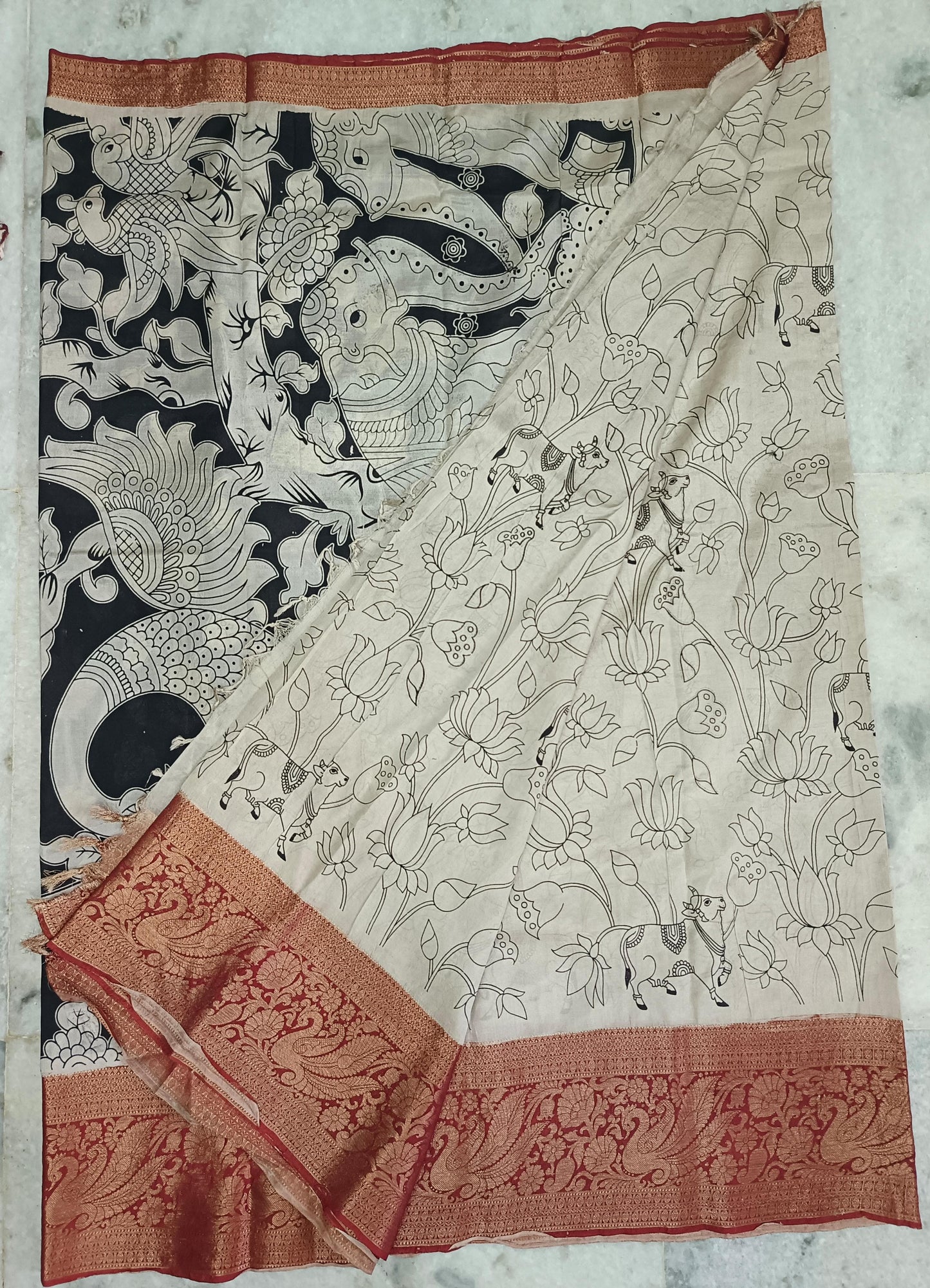 Handloom Nellore Silk Saree with Kanchi Border & Kalamkari Print