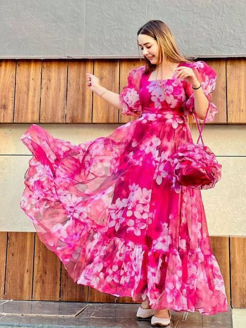 Hot Pink Organza Maxi Dress