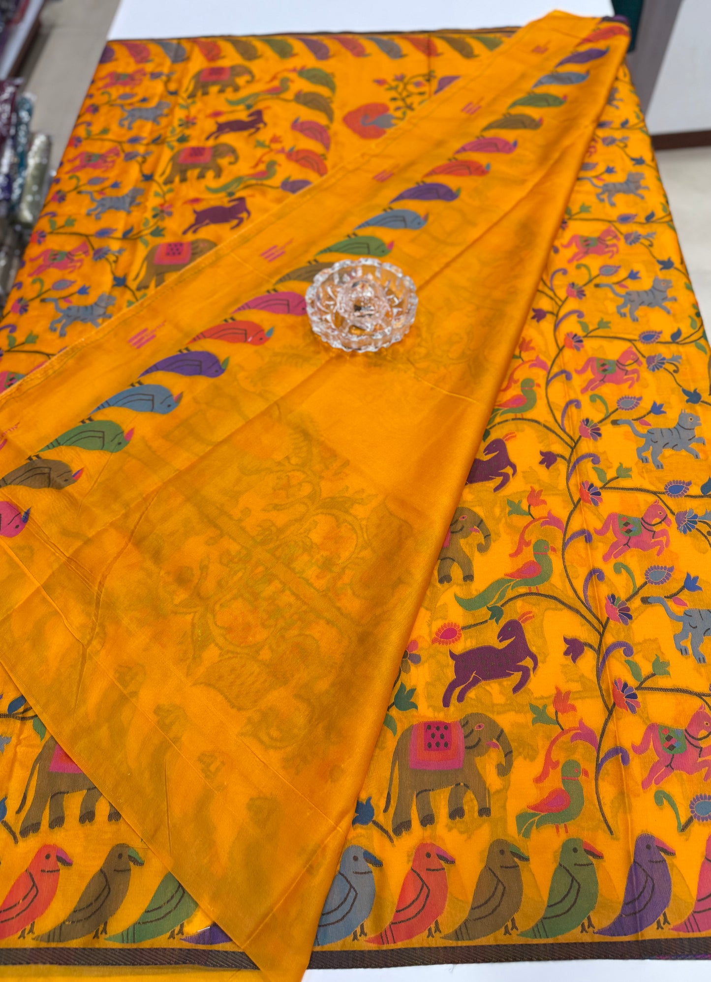 Soft silk printed saree with multicolour ethnic motifs and contrast blouse piece