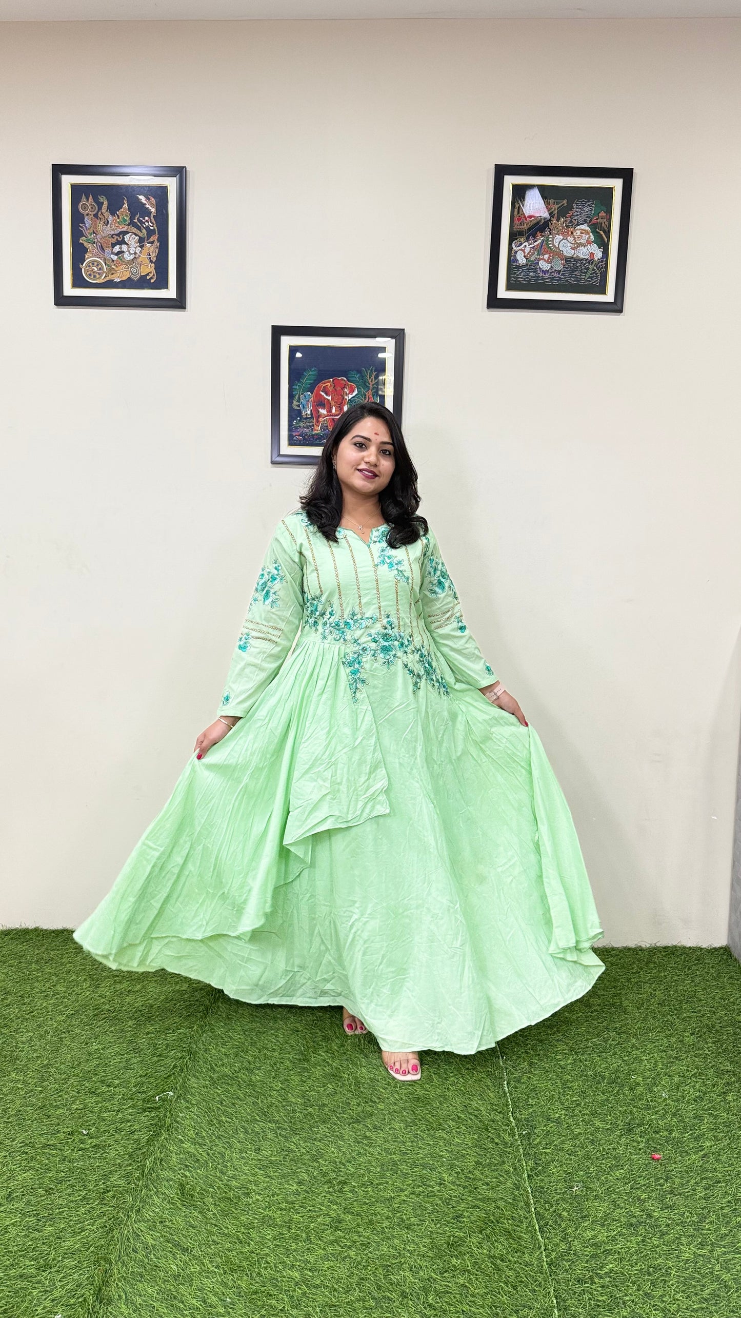 Muslin Silk Embroidered Gown for Women with Handwork and Malai Crepe Inner – 56+ Inch Length