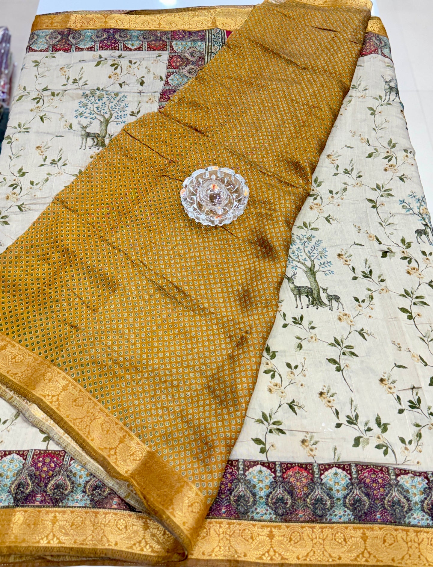 Chennuri silk style printed saree with traditional artwork border and unstitched blouse fabric for women