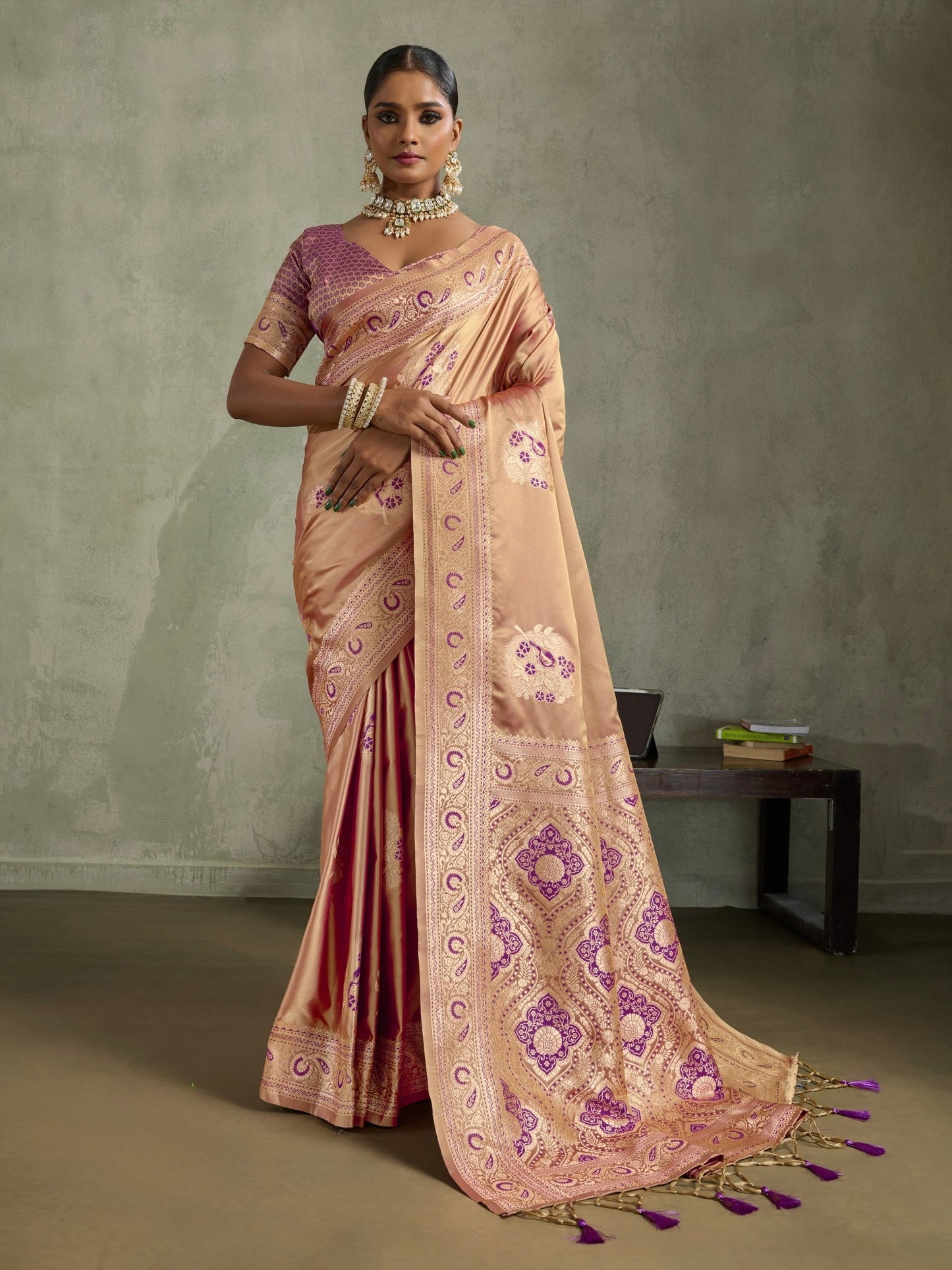 Satin Silk Saree with Zari Weaving and Meenakari Pallu for Women