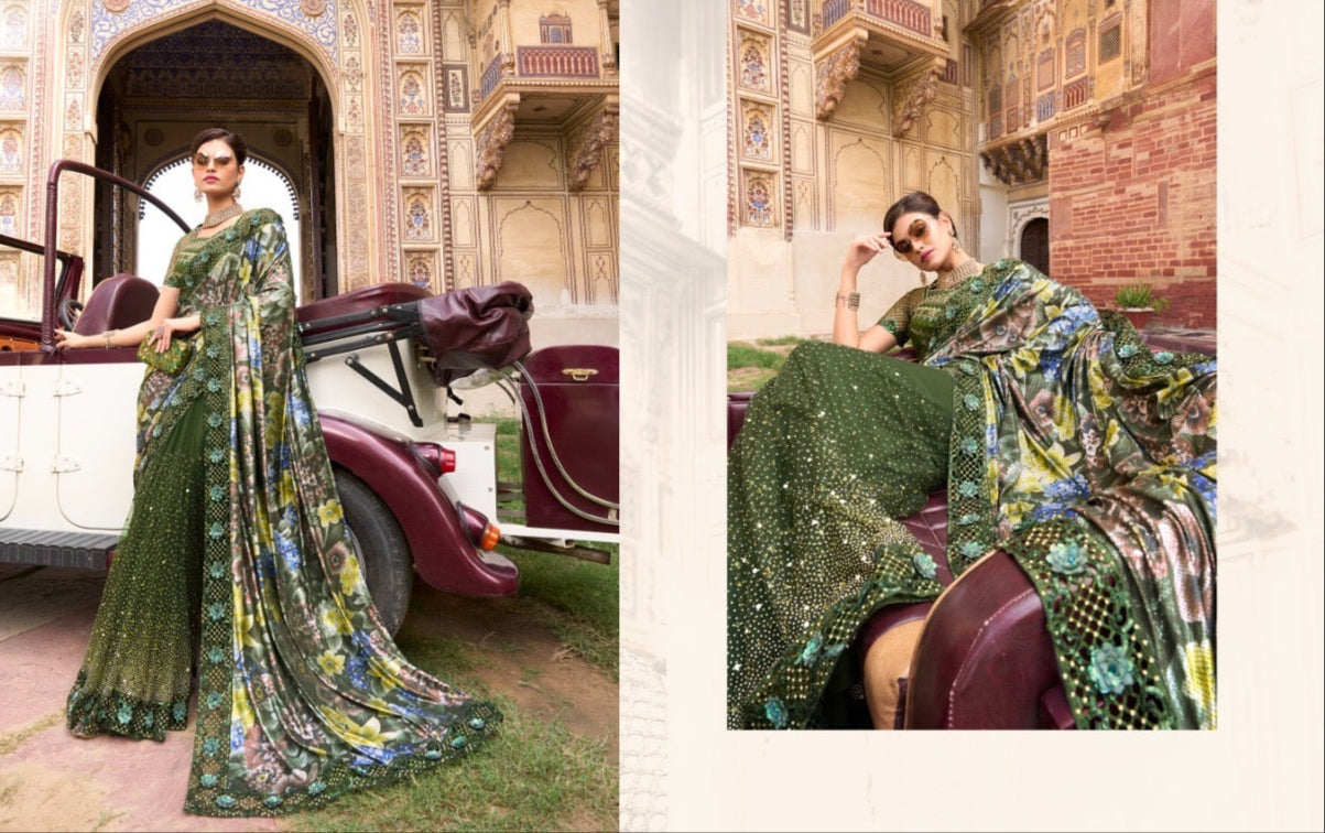 Olive Green Sequin Embroidered Saree for Women – Fancy Designer Fabric with Floral Pallu and Lace Border