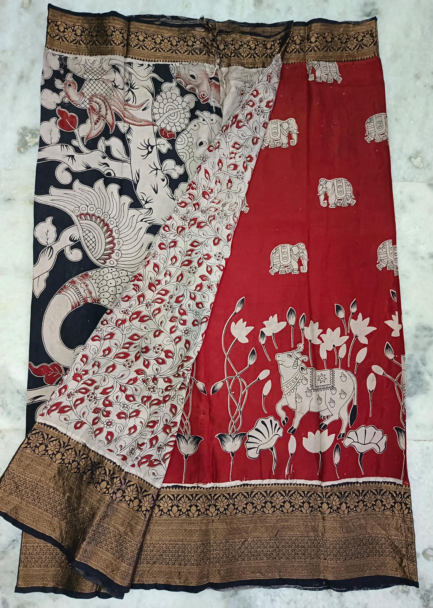 Handloom Nellore Silk Saree with Kanchi Border & Kalamkari Print