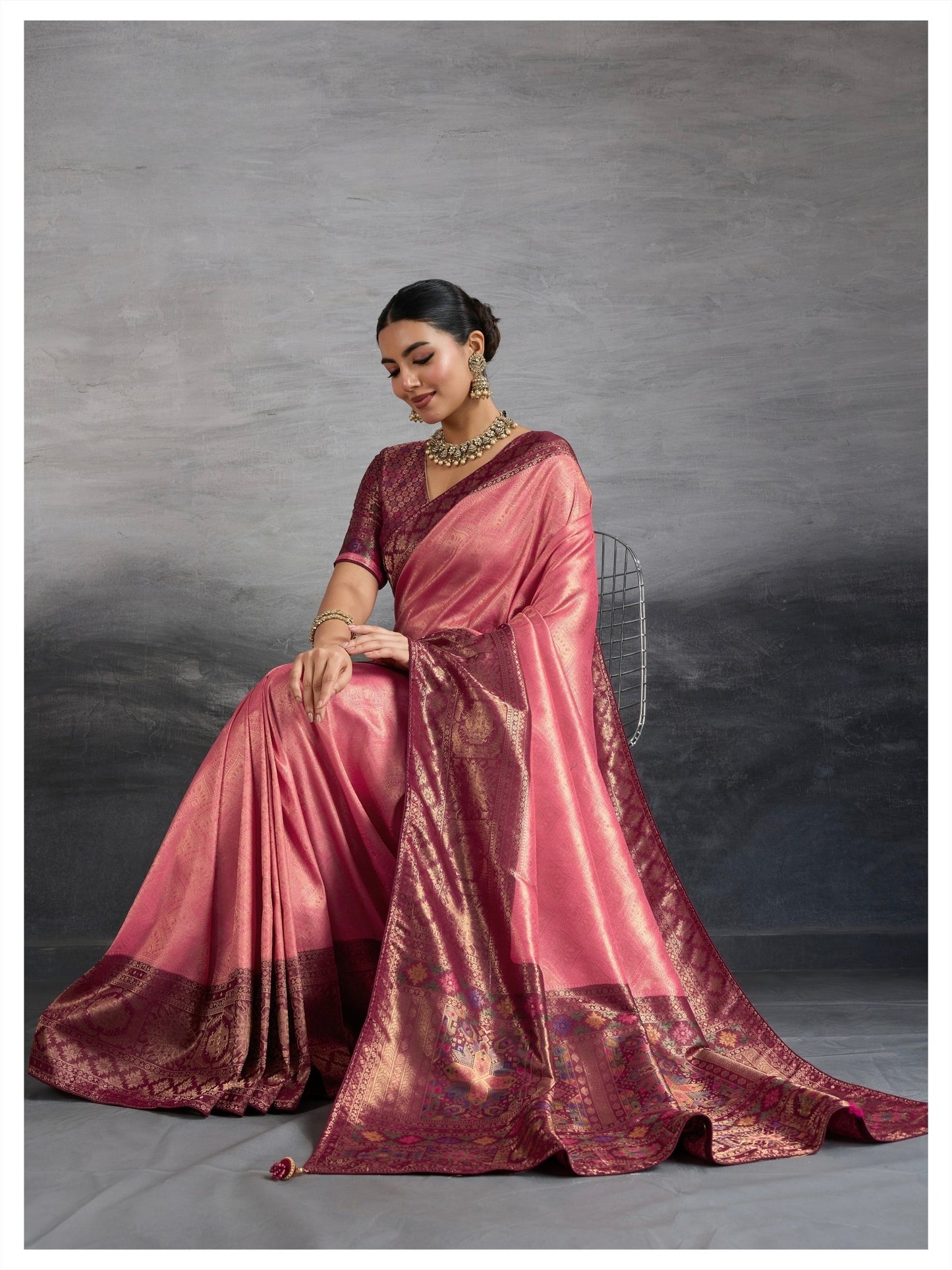 Kanjivaram Soft Silk Saree with Double Zari Kadiyal Border, Meenakari Pallu and Brocade Blouse