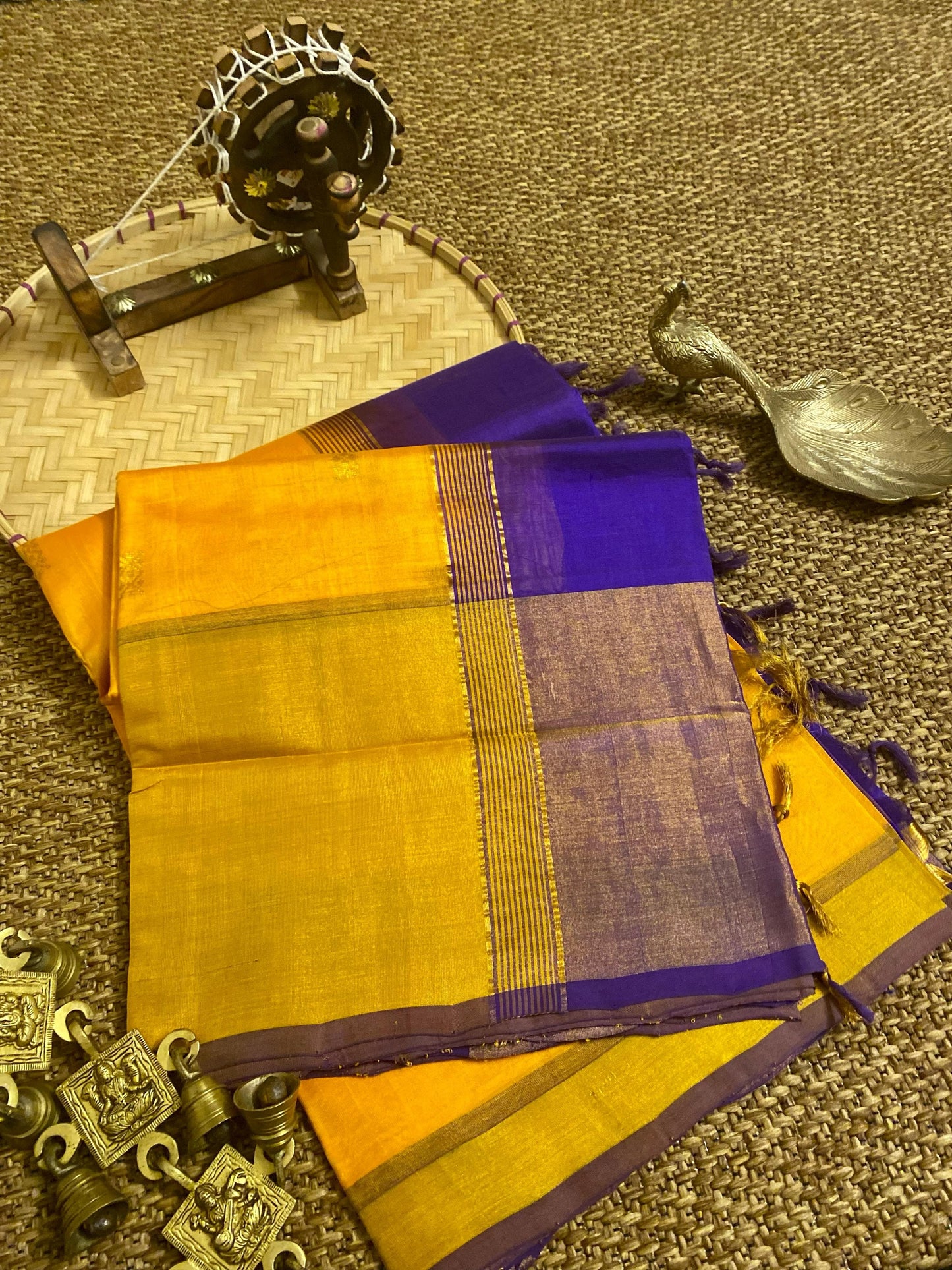 Venkatgiri Pattu Cotton Saree with Handwoven Buta Work, Zari Kaddi Border and Contrast Pallu