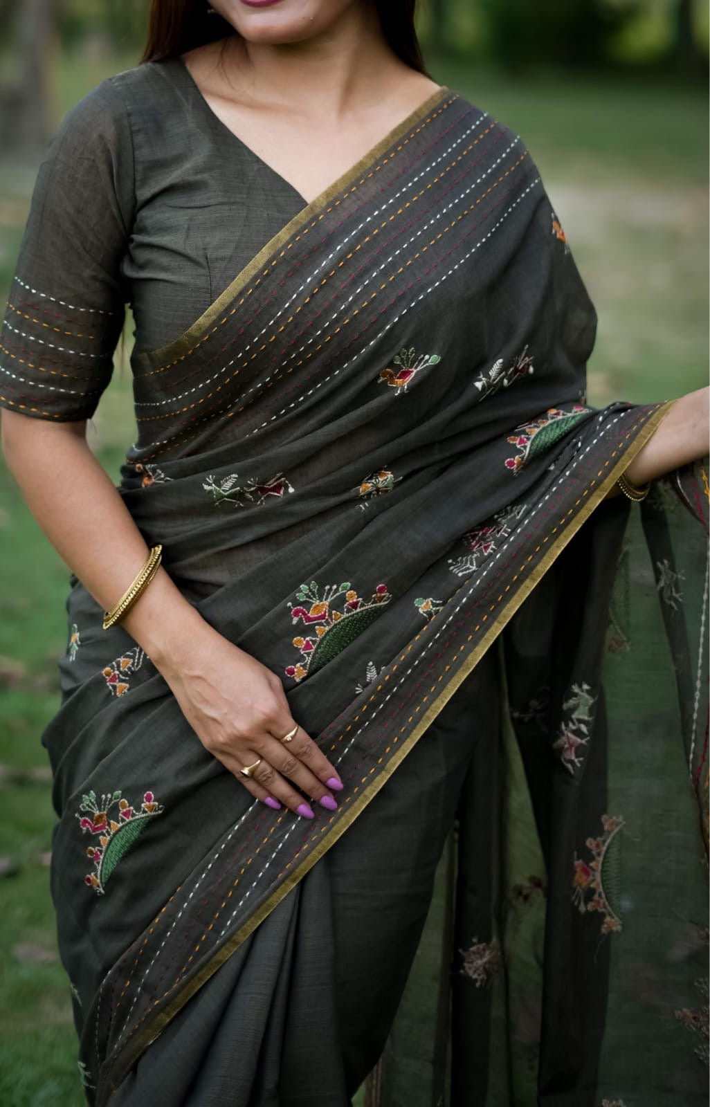 Kantha Stitch Border Saree Premium Kaadi Tussar Silk Saree