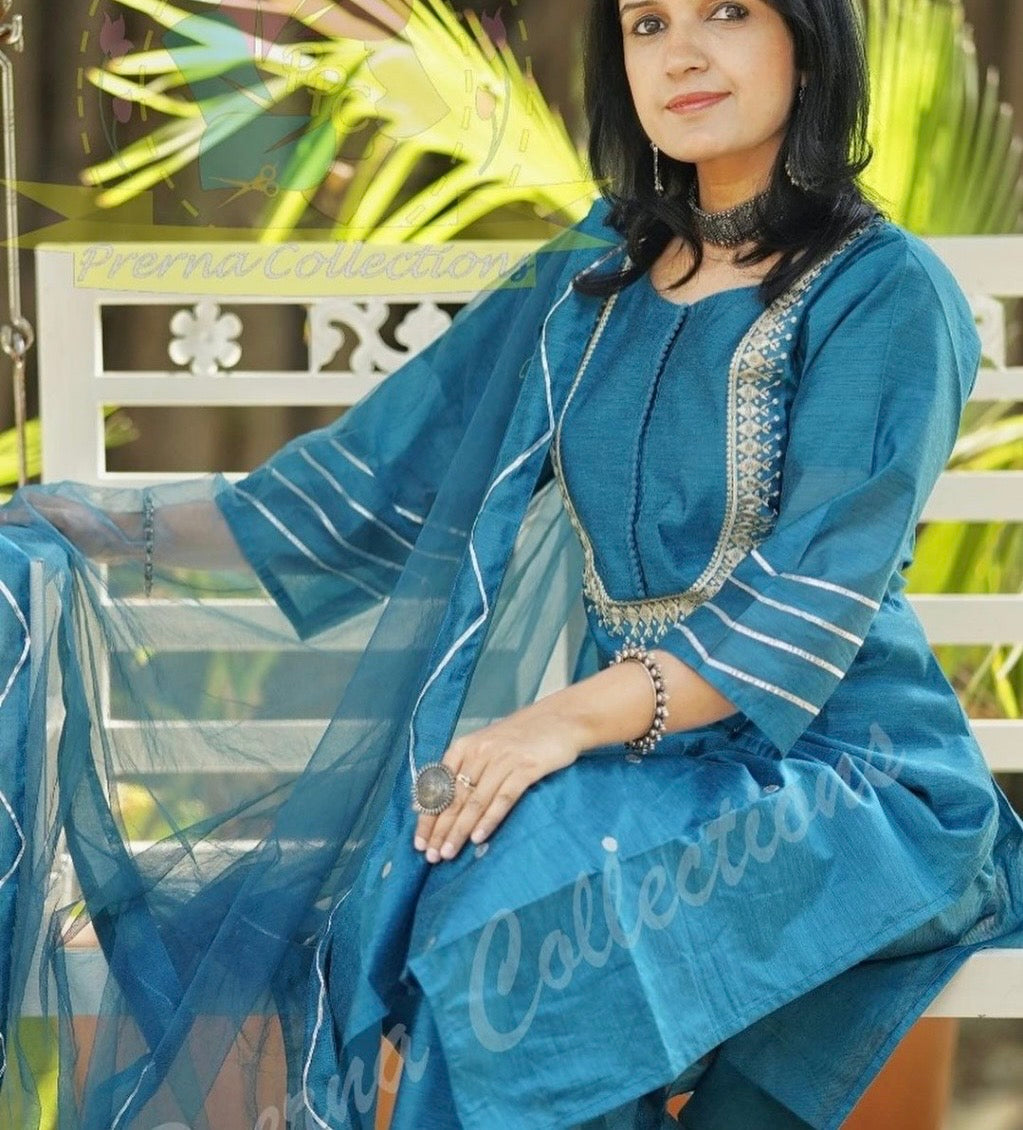 Chanderi Embroidered Kurti Pant Set with Organza Dupatta for Women – Sizes 38 to 44 – 3-Piece Set