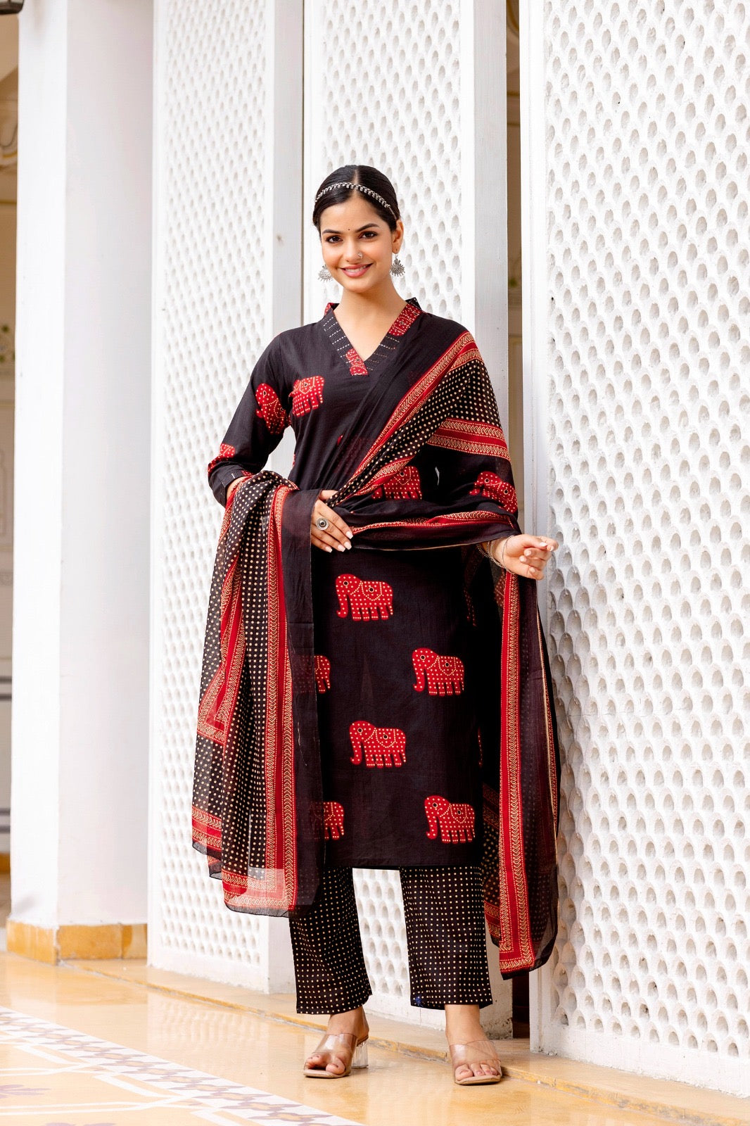 Pure Cotton Elephant Print Kurta Pant Dupatta Set for Women – Black & Red, Sizes 38–46