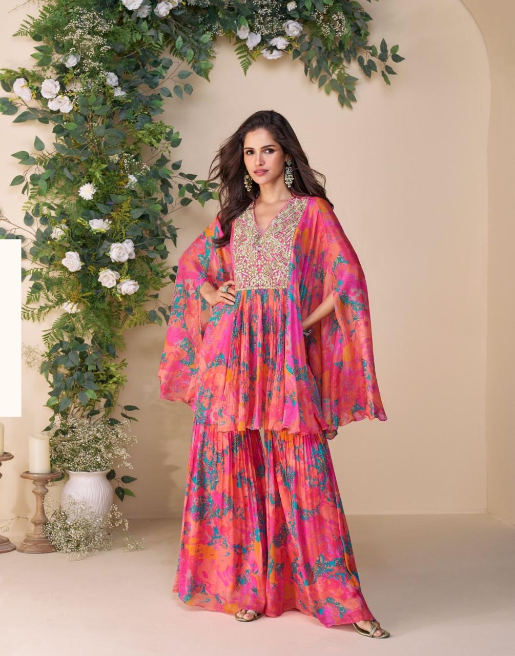 Premium Real Chinon Silk Poncho Style Embroidered Top with Palazzo – Free Size Stitched