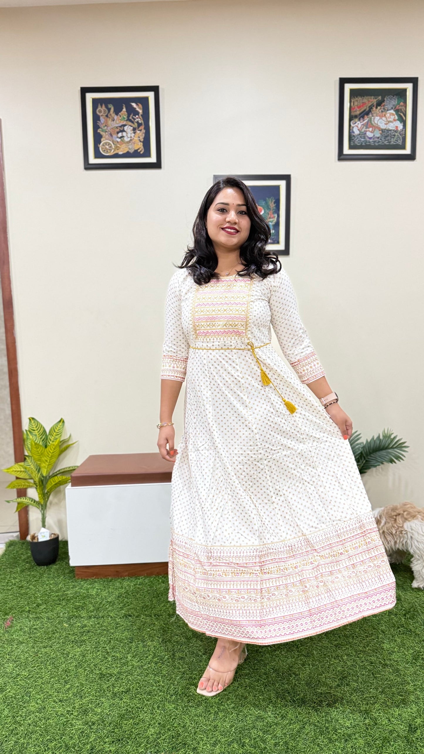 Rayon Foil Print Anarkali Gown with Embroidered Neck and Belt – Liva Tag – Sizes M to 3XL