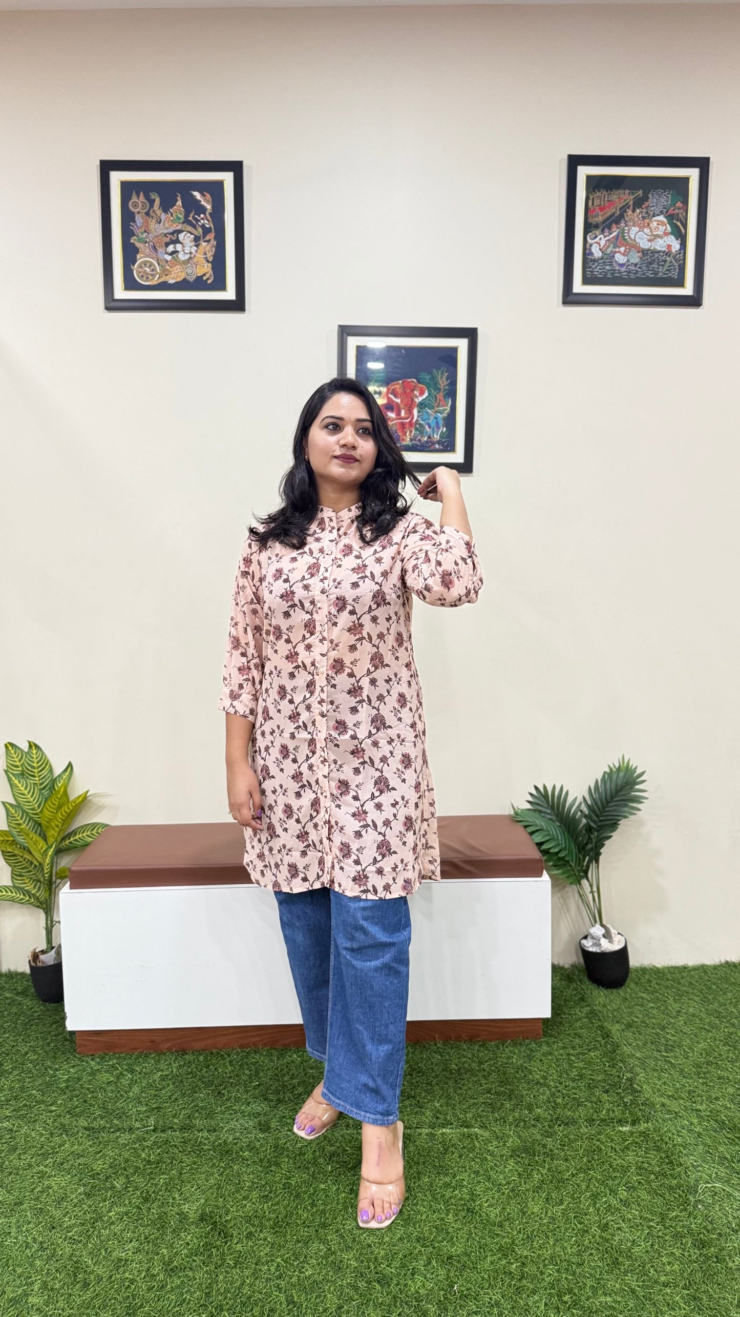 Beige Georgette Floral Printed Regular Tunic