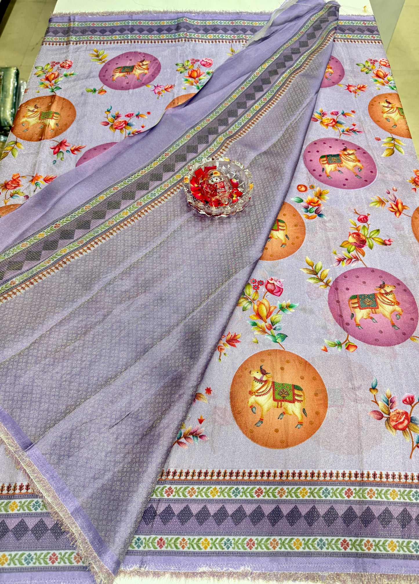 Pure Ziraf Silk Printed Saree with Elephant and Floral Motifs – Lightweight Soft Silk Saree for Women