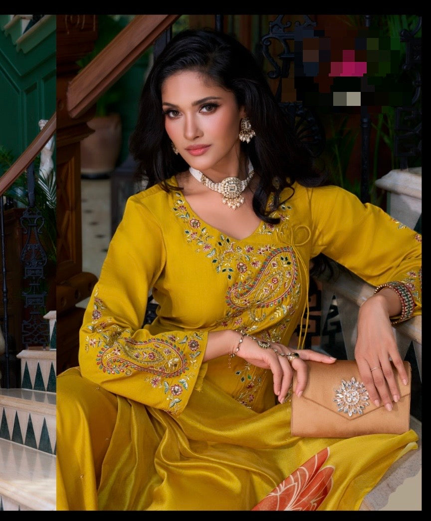 Women’s Roman Silk Angrakhha Kurti Set with Embroidery and Organza Dupatta – XL to XXL