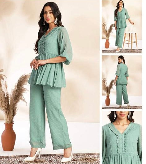 Textured chiffon peplum top with pants co-ord set for women – V-neck, 3/4 sleeves, XL