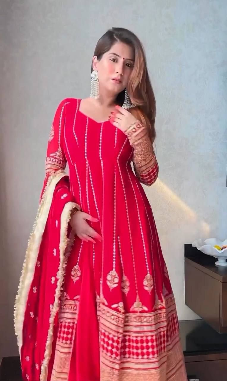 Red Georgette Slit Suit Set for Women with Dupatta and Bottom – Embellished Details – Sizes S to XXL