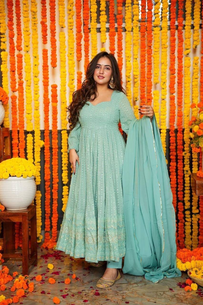 Pastel Blue Pure Fox Georgette Multi Floral Print Anarkali Set