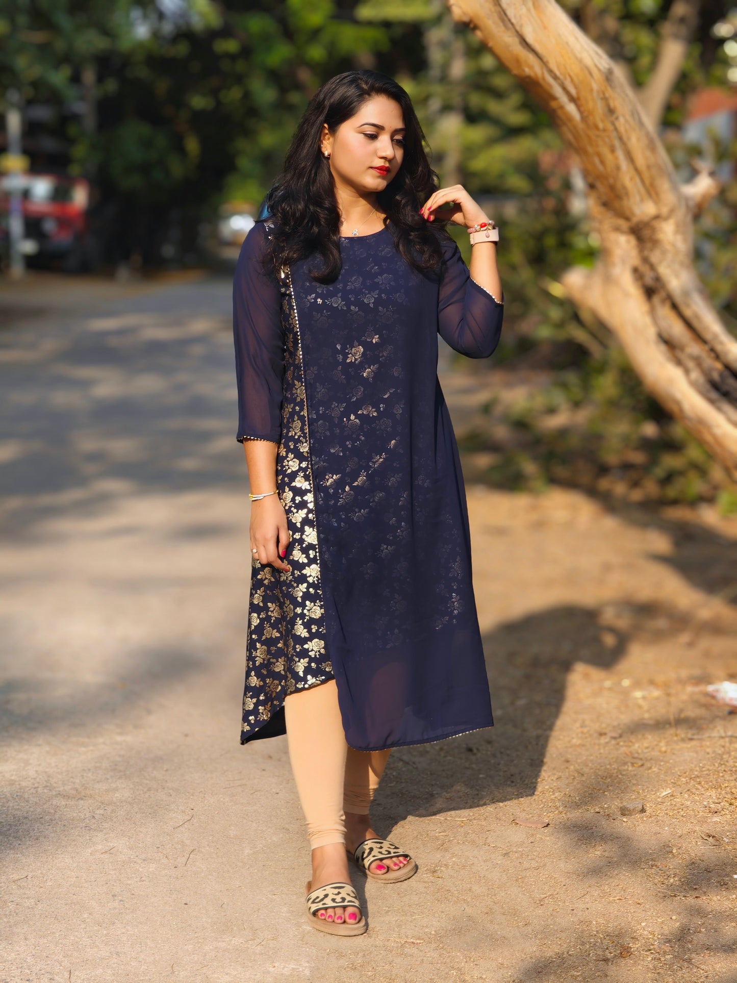 Navy Blue American Crepe Foil A-Line Kurta 4367