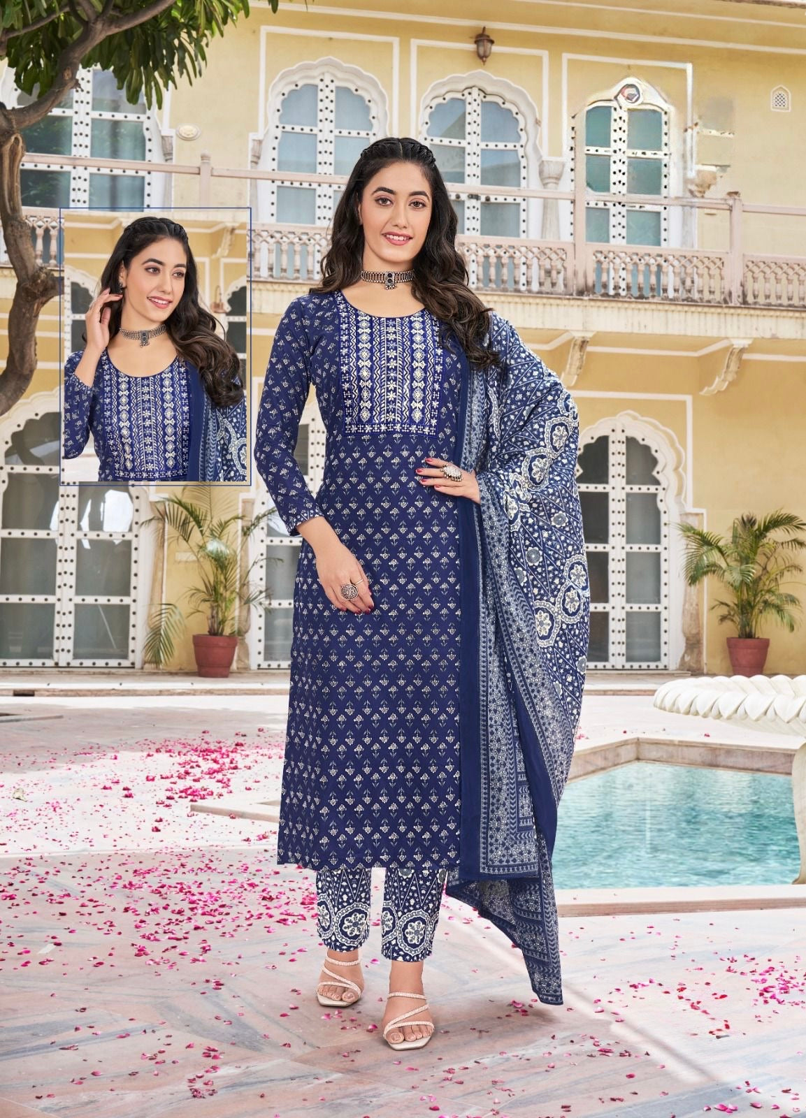 Cambric Cotton Embroidered Kurta Set with Pant and Malmal Dupatta for Women (L to 3XL)