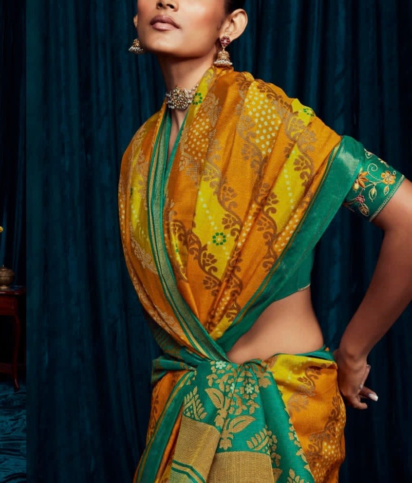 soft brasso printed saree with tassel pallu and embroidered blouse – festive ethnic wear for women