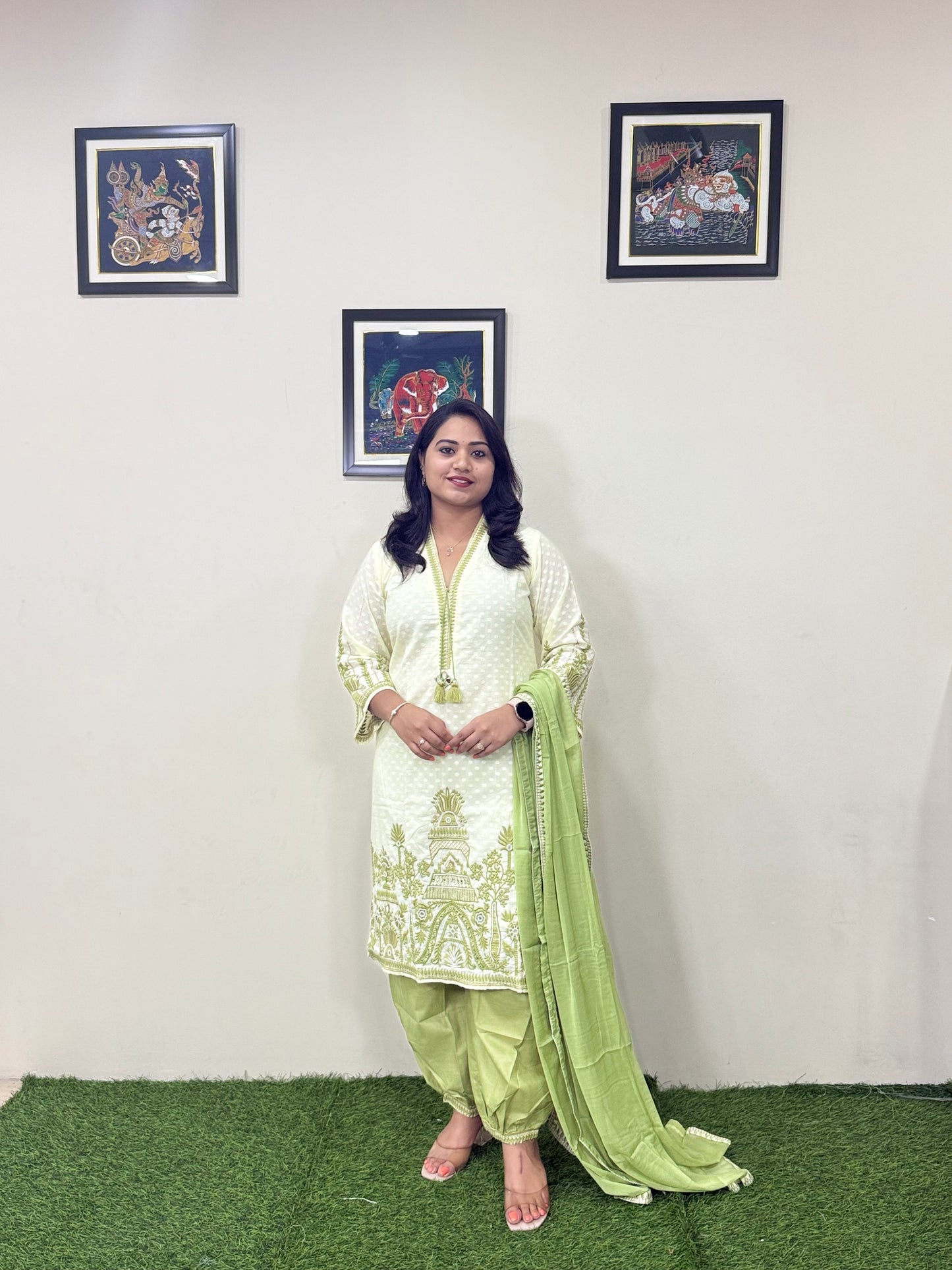 Cotton Dobby Kurti Afghani Pant Dupatta Set with Mirror Hand Work and Chiffon Dupatta for Women
