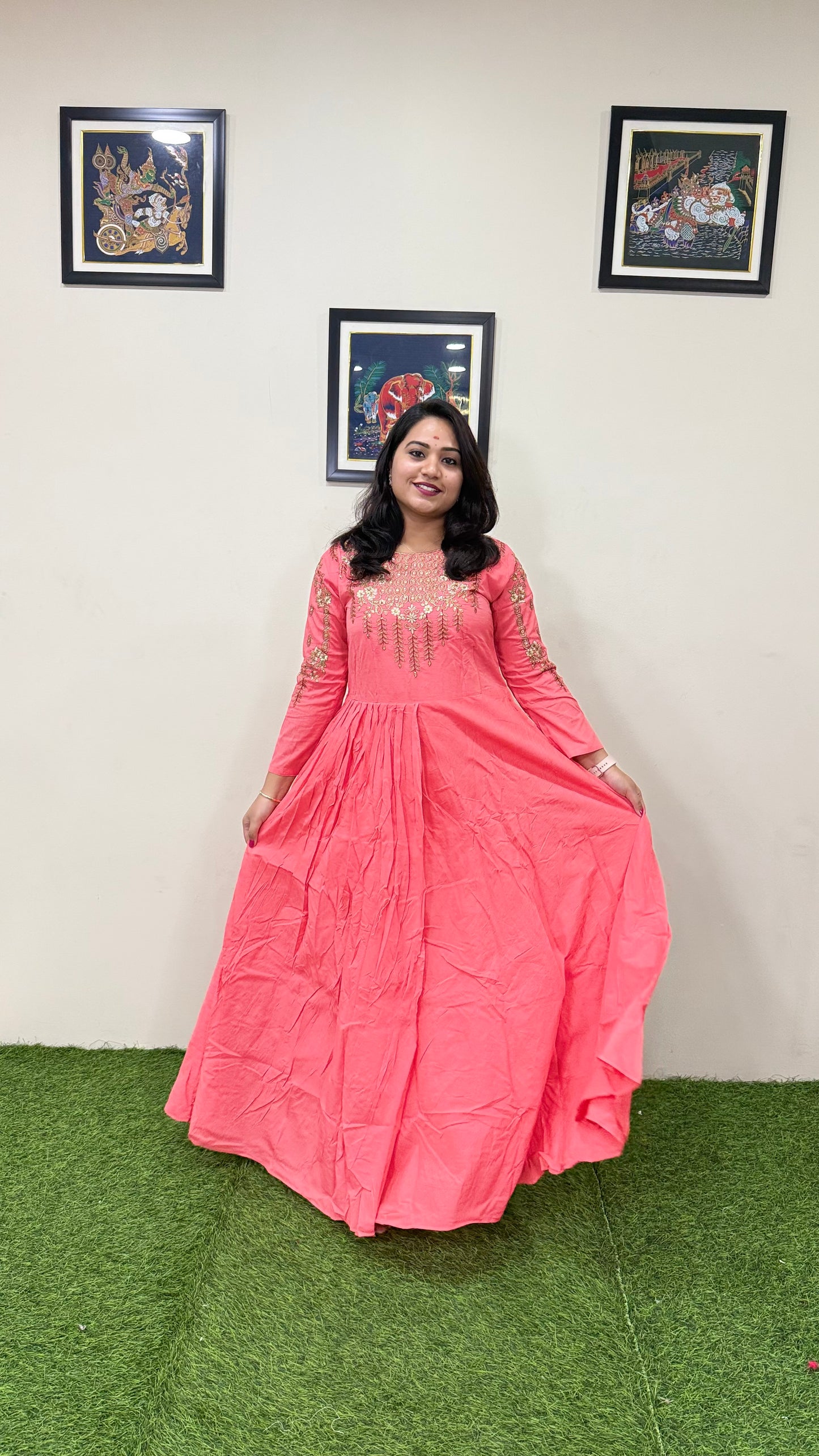 Muslin Silk Embroidered Gown for Women with Handwork and Malai Crepe Inner – 56+ Inch Length