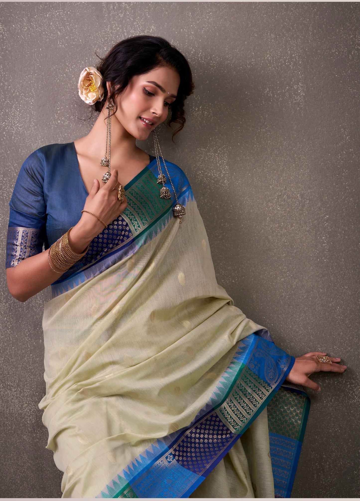royal modal cotton saree with zari border and contrast blouse – festive ethnic wear for women