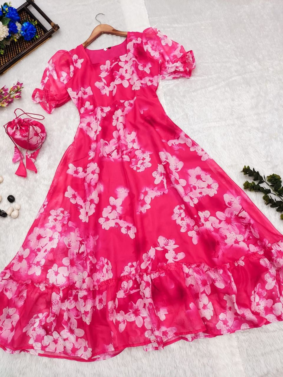Hot Pink Organza Maxi Dress