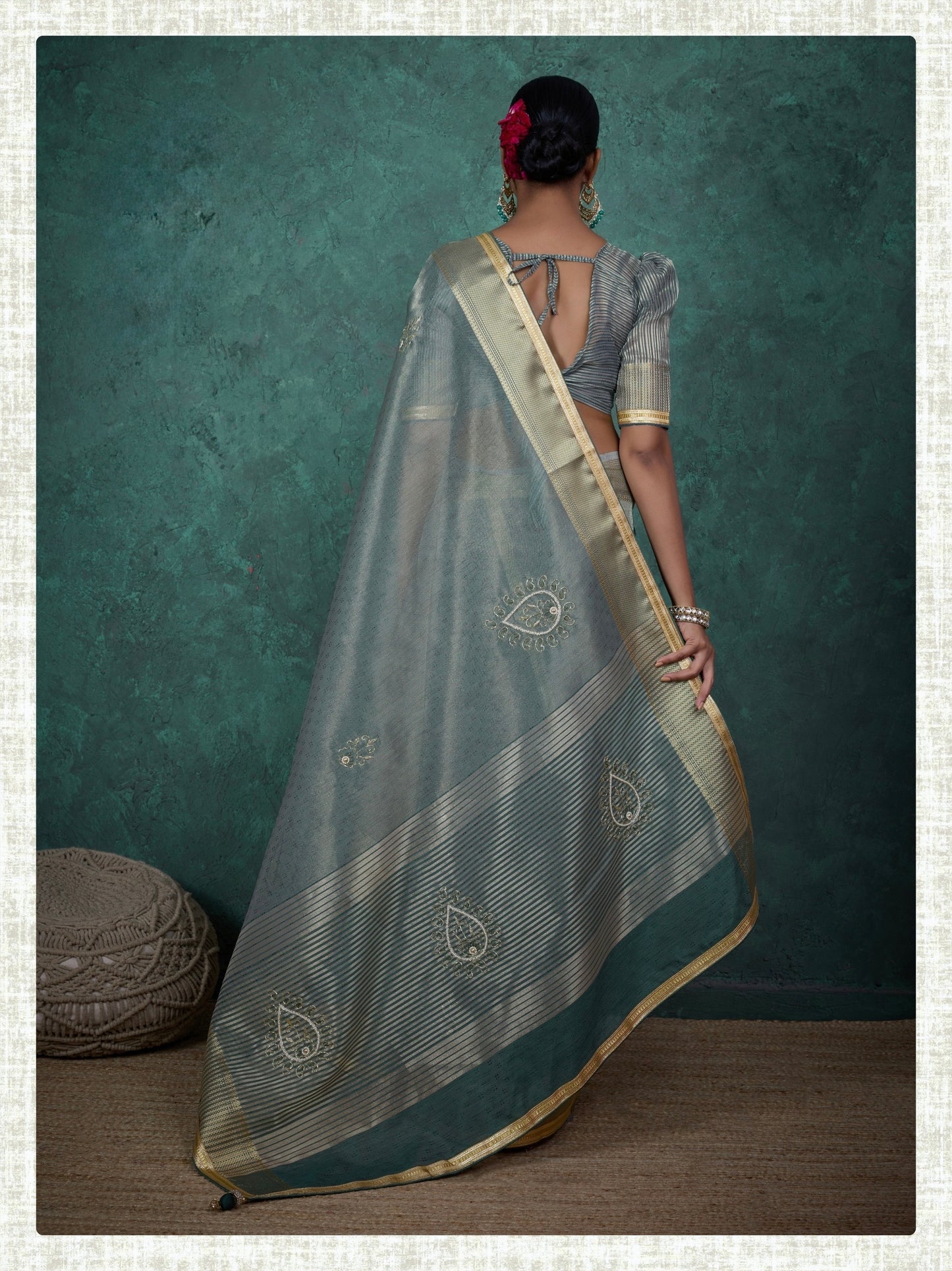 linen tissue saree with handwork motifs, lace detailing, and designer blouse – lightweight ethnic wear for women