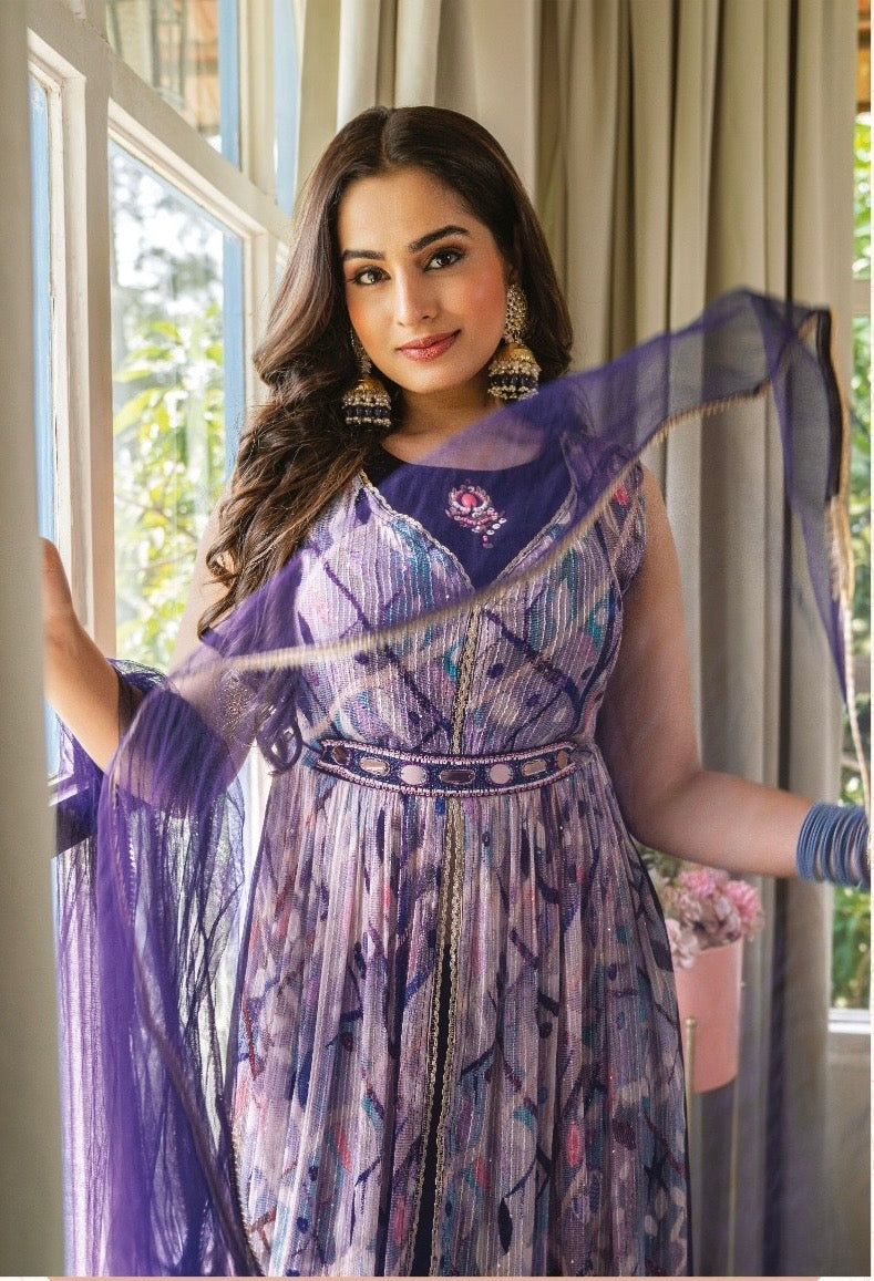 Nyra Cut Crochet Georgette Kurti Set with Jaam Silk Pant, Net Dupatta and Handwork Belt – Sizes L, XL