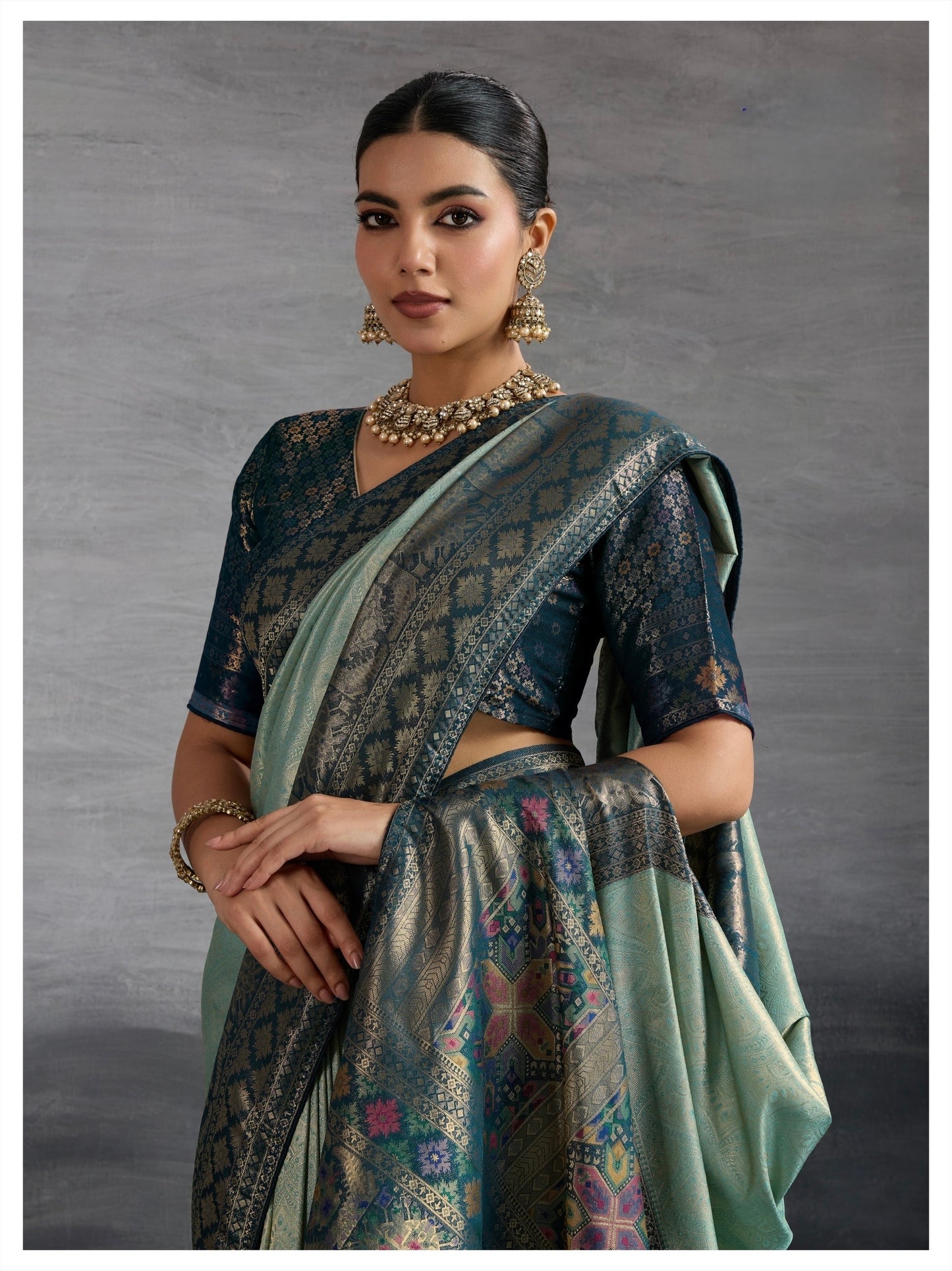 Kanjivaram Soft Silk Saree with Double Zari Kadiyal Border, Meenakari Pallu and Brocade Blouse